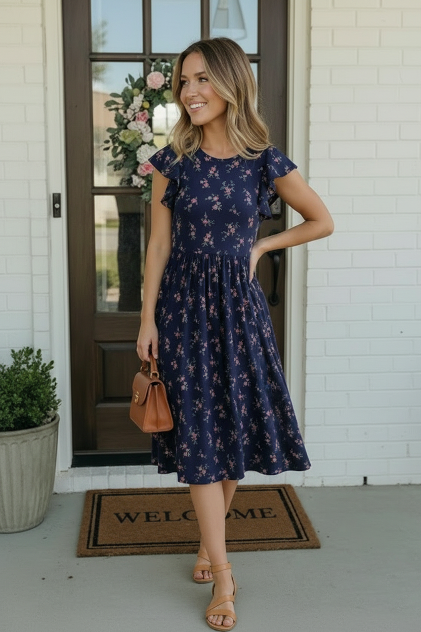 Navy floral midi dress, flutter sleeve dress, smocked waist midi, pink floral navy dress, garden party attire, casual date night dress, feminine midi dresses, Fabknits floral dress.