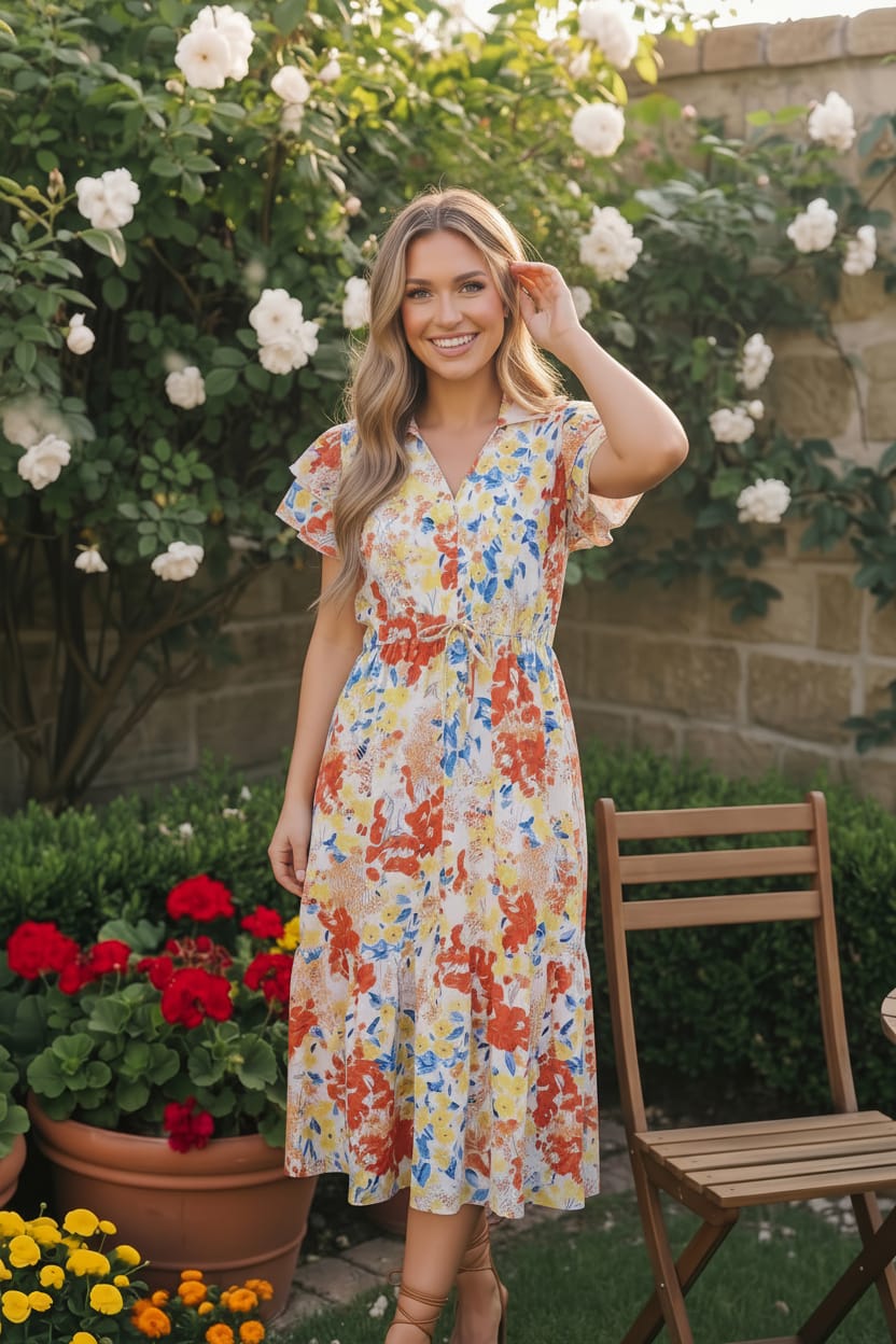 floral midi dress, garden party dress, flutter sleeve dress, tiered midi dress, multicolor floral, summer midi dress, drawstring waist dress, feminine floral fashion