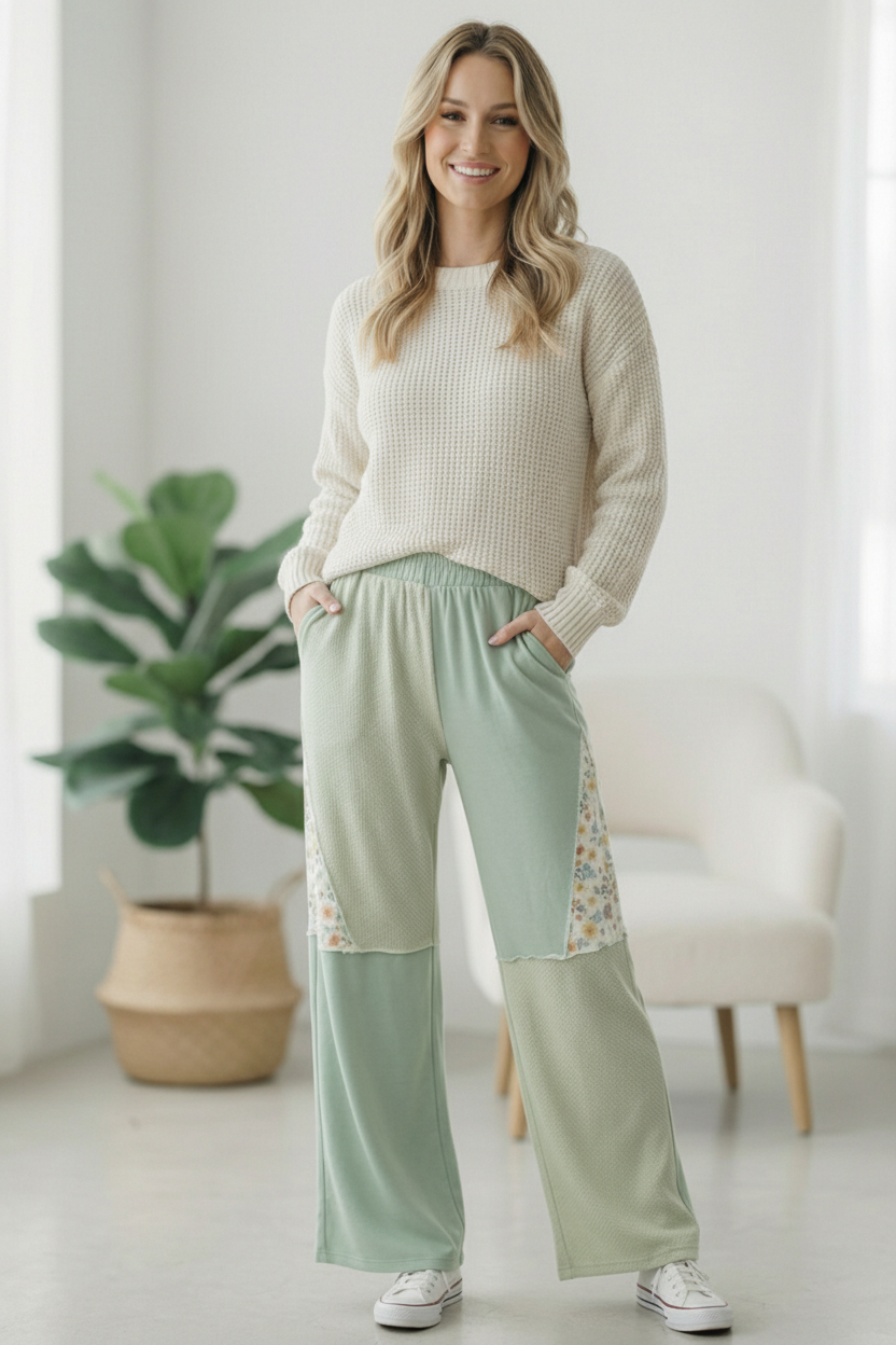 sage green lounge pants, floral patchwork pants, women's boutique loungewear, straight leg lounge pants, french terry pants with pockets, aesthetic loungewear, comfortable floral trousers