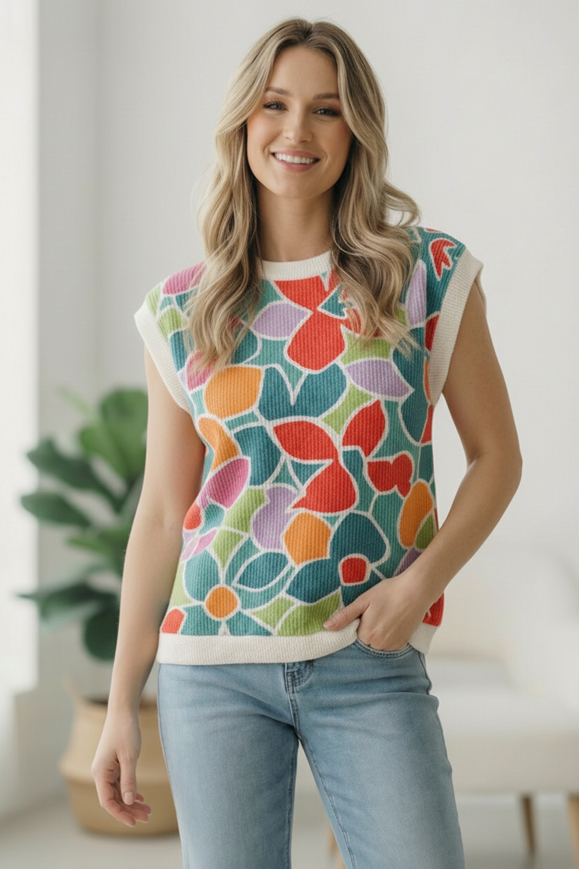 Floral sweater vest, colorful knit vest, women's boutique sweater, sleeveless floral top, ribbed knit layering, transitional fashion, vibrant floral print, relaxed fit vest.