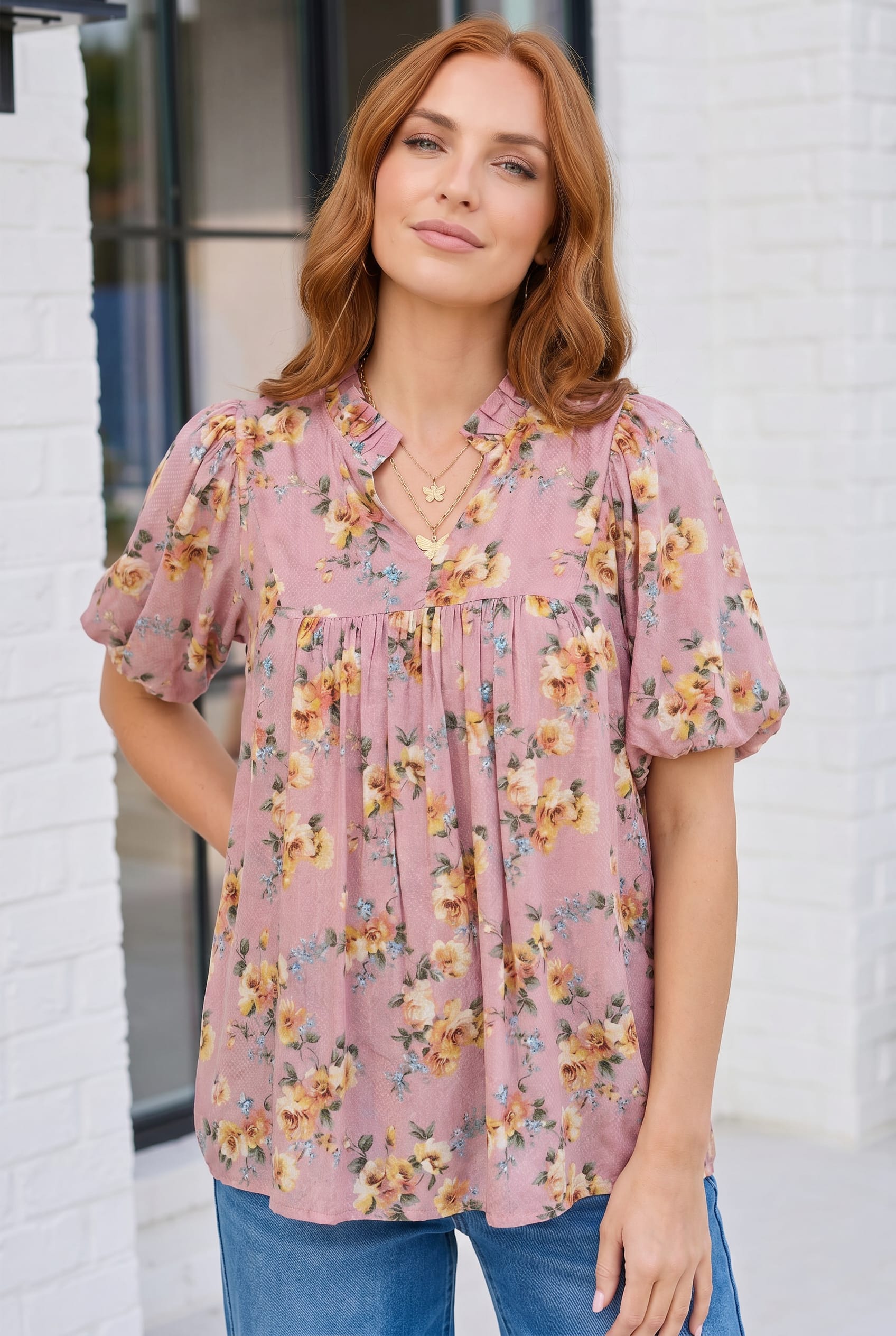 Dusty rose blouse, floral puff sleeve top, babydoll floral top, women's romantic blouse, pink floral shirt, brunch outfits, lightweight summer top, FabKnits floral.