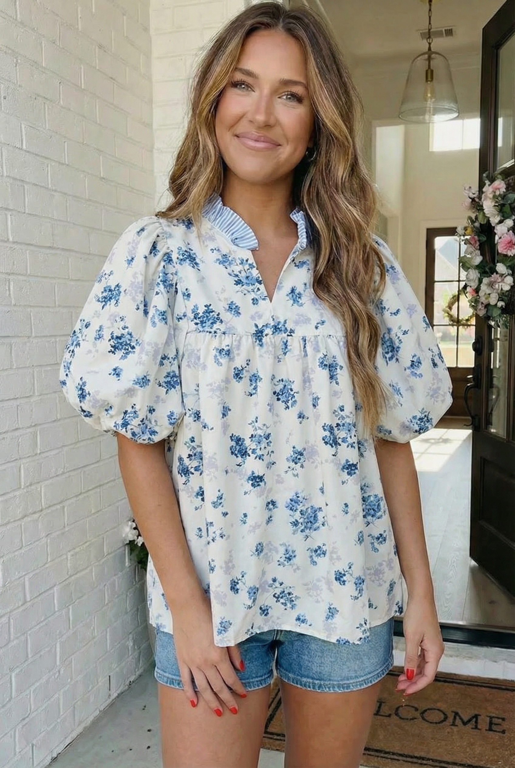 Blue floral top, puff sleeve blouse, babydoll top, floral summer blouse, feminine white top, garden party outfit, striped collar top, boho floral shirt, empire waist top.