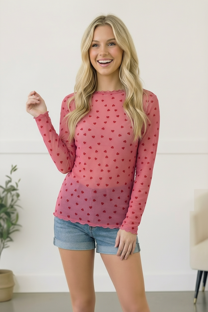 sheer mesh top, pink heart shirt, long sleeve mesh top, heart print top, lettuce edge shirt, layering mesh top, Valentine's Day top, coquette aesthetic clothing, pink sheer blouse, women's heart print clothing