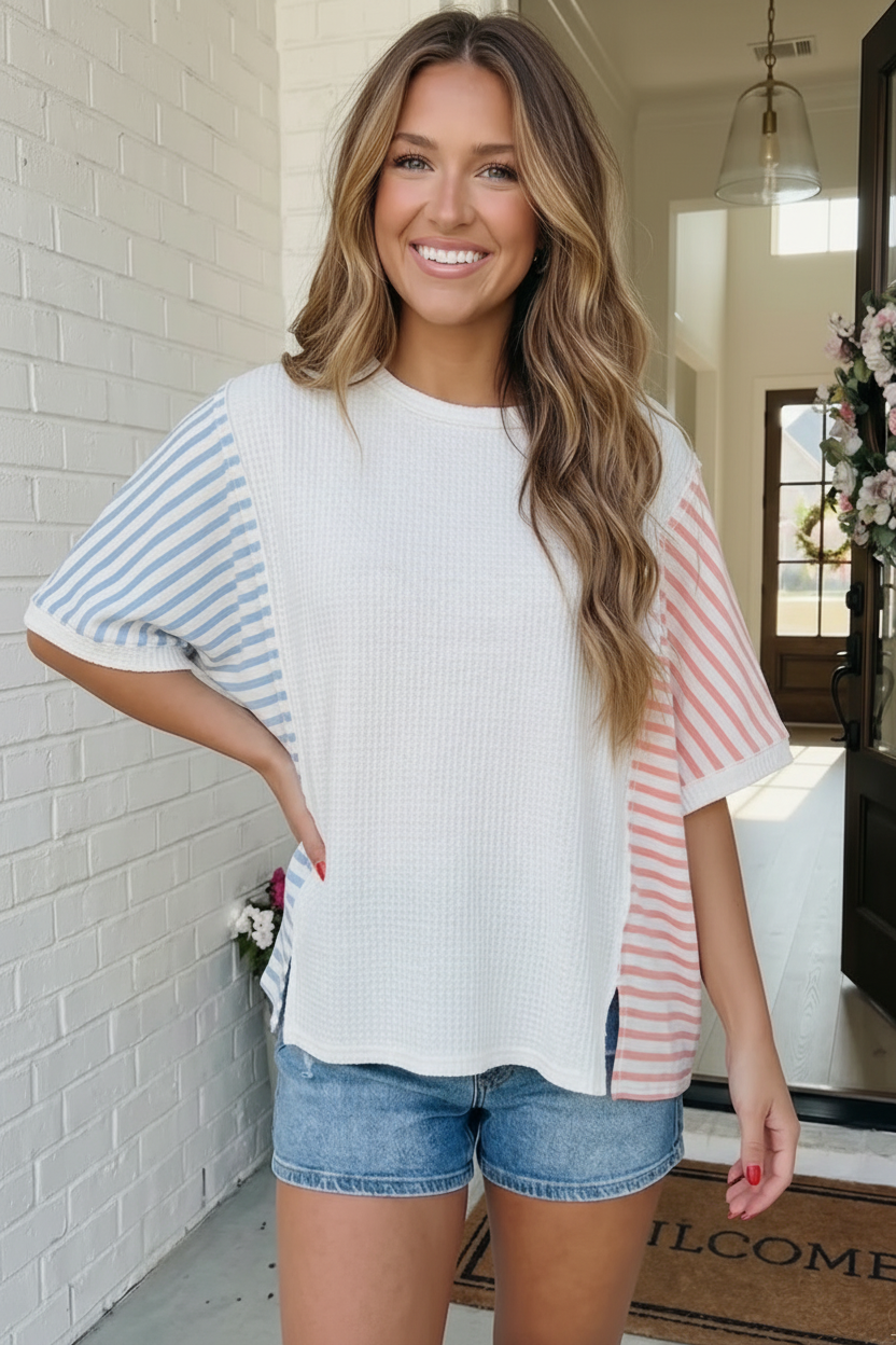 Waffle knit top, oversized striped shirt, color block top, women’s casual fashion, mixed media top, pink and blue stripes, summer boho top, relaxed fit blouse.