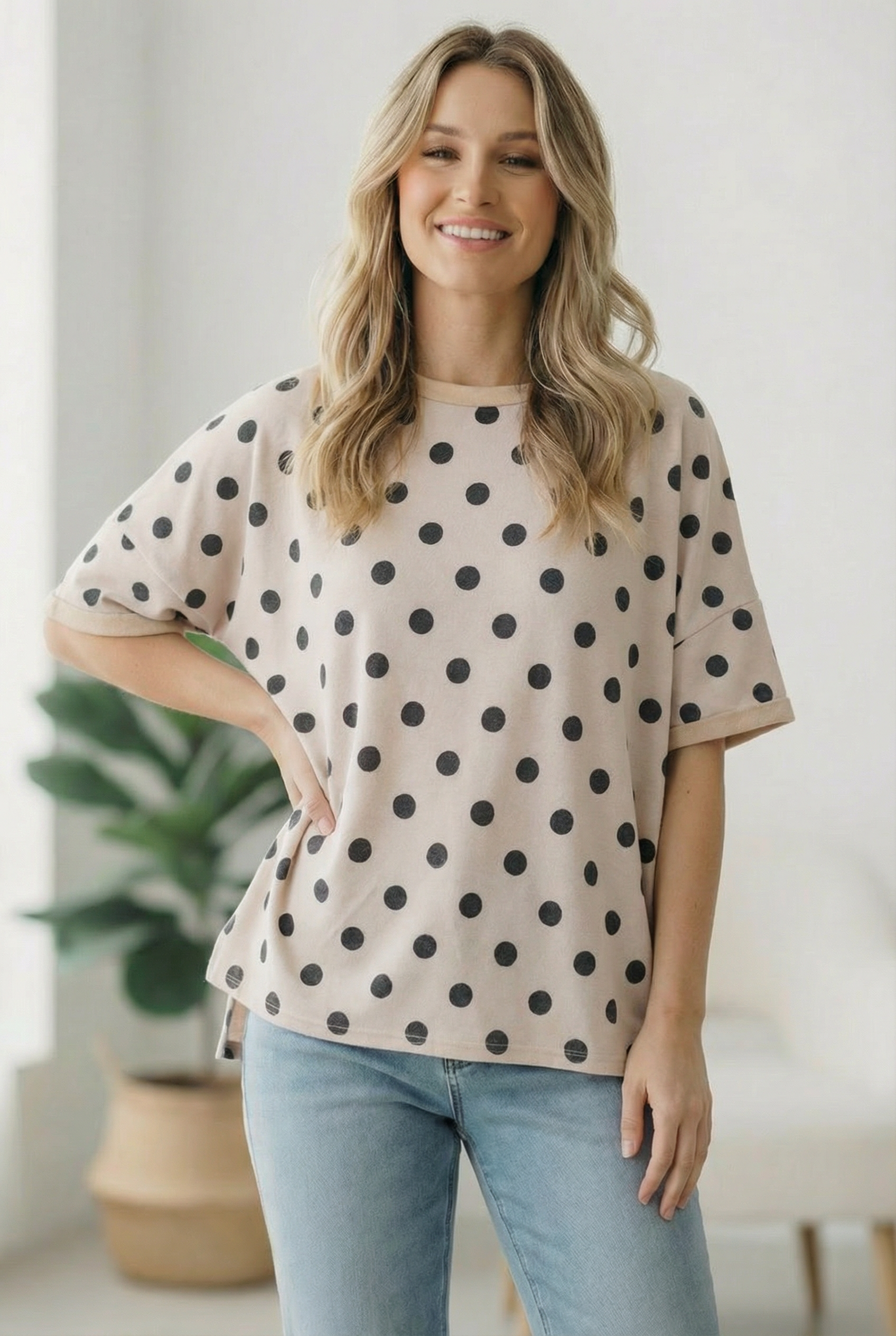Oversized Tee, Polka Dot Top, French Terry Shirt, Women’s Loose Fit Tee, Slouchy T-Shirt, Casual Women’s Fashion, Parisian Style Tee, Drop Shoulder Top, Stretchy Polka Dot Tee.
