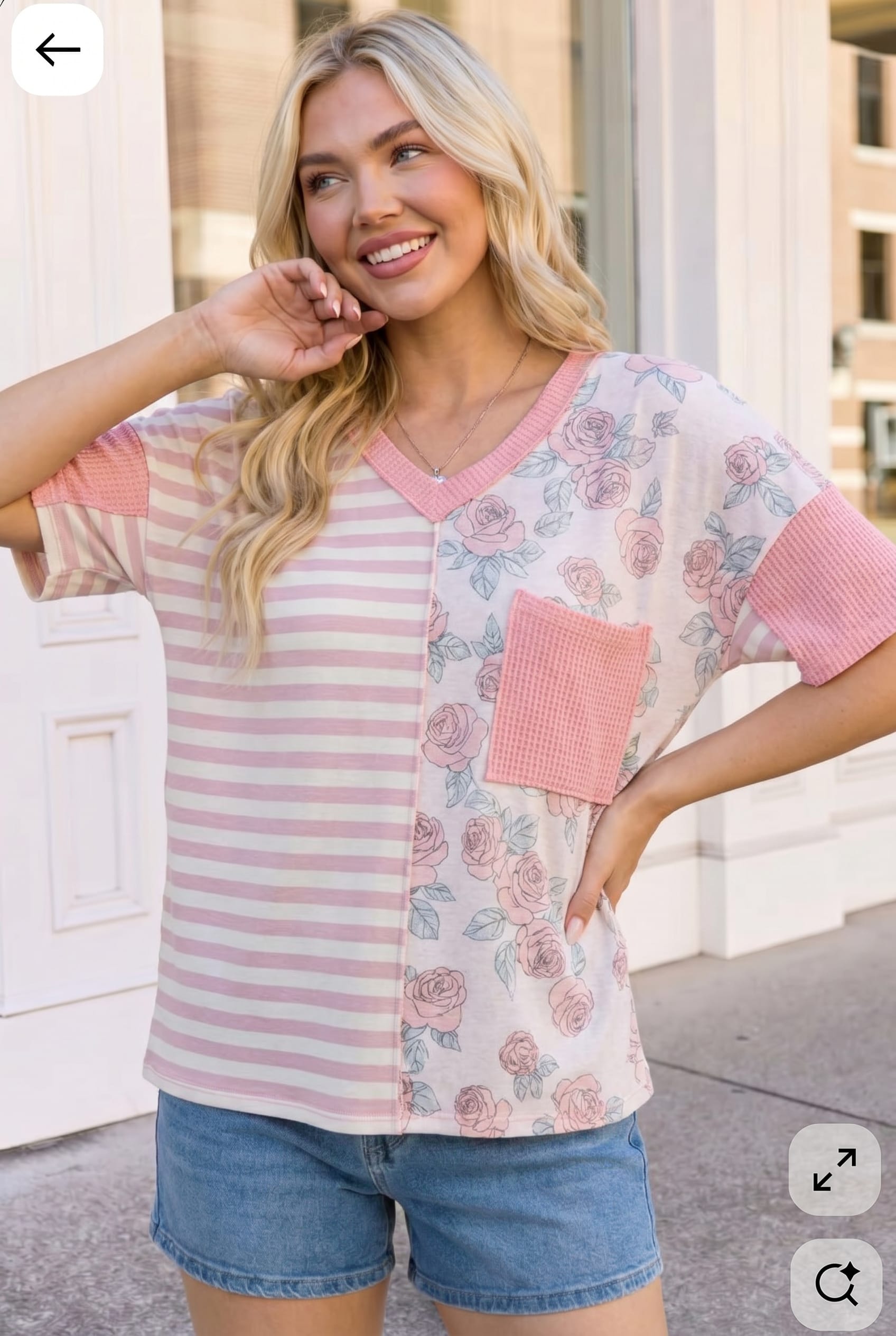 Mixed print top, floral V-neck shirt, pink striped tee, waffle knit accents, women's boho top, casual summer fashion, rose print blouse, breathable short sleeve.