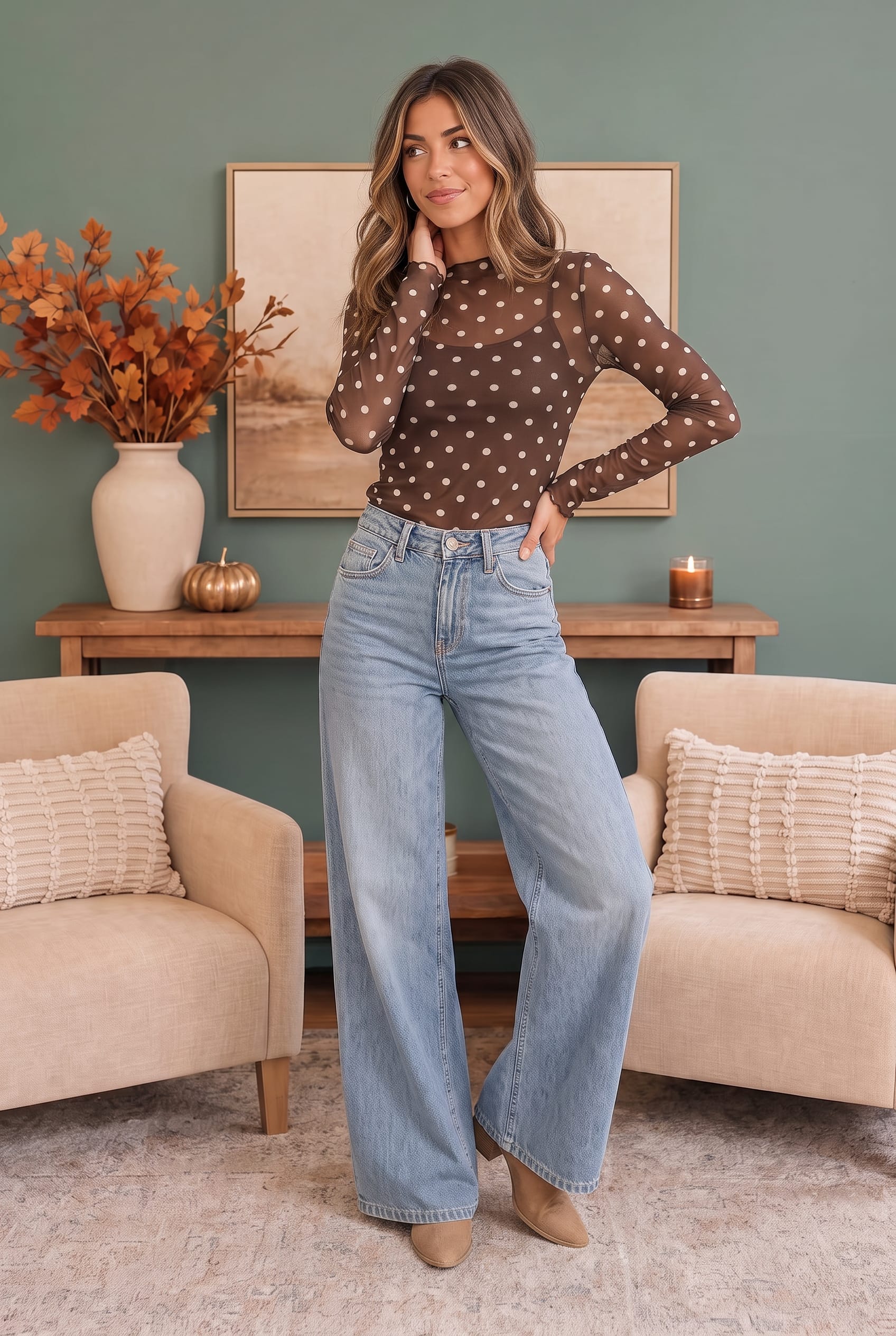 Sheer mesh top, polka dot mock neck, brown long sleeve layering, women's transitional fashion, sheer polka dot shirt, mesh layering top, brown and cream mesh top.