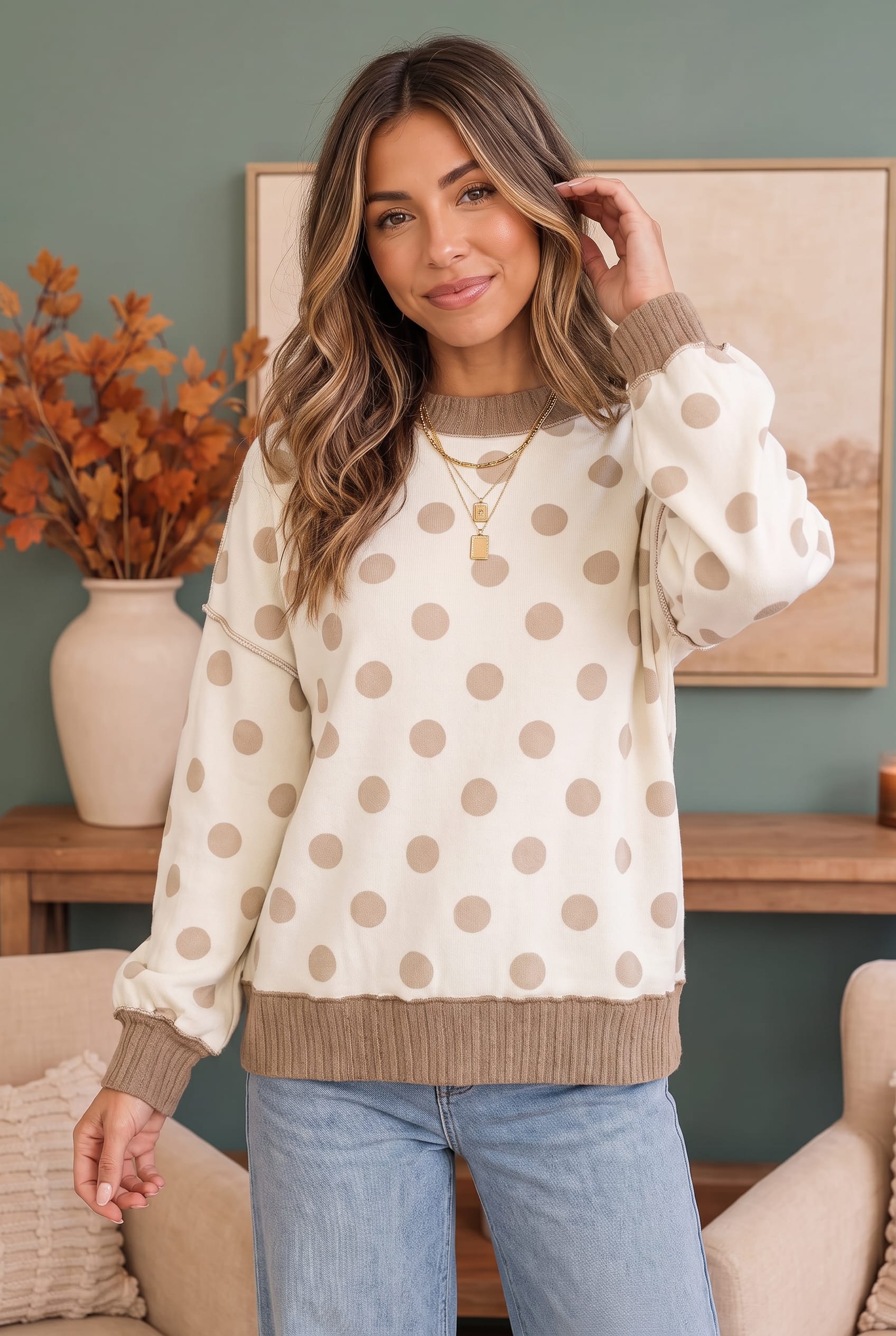 polka dot pullover, oversized sweater, cream and taupe top, women's cozy sweatshirt, mock neck pullover, casual fall fashion, relaxed fit top, ribbed knit sweater, chic loungewear.
