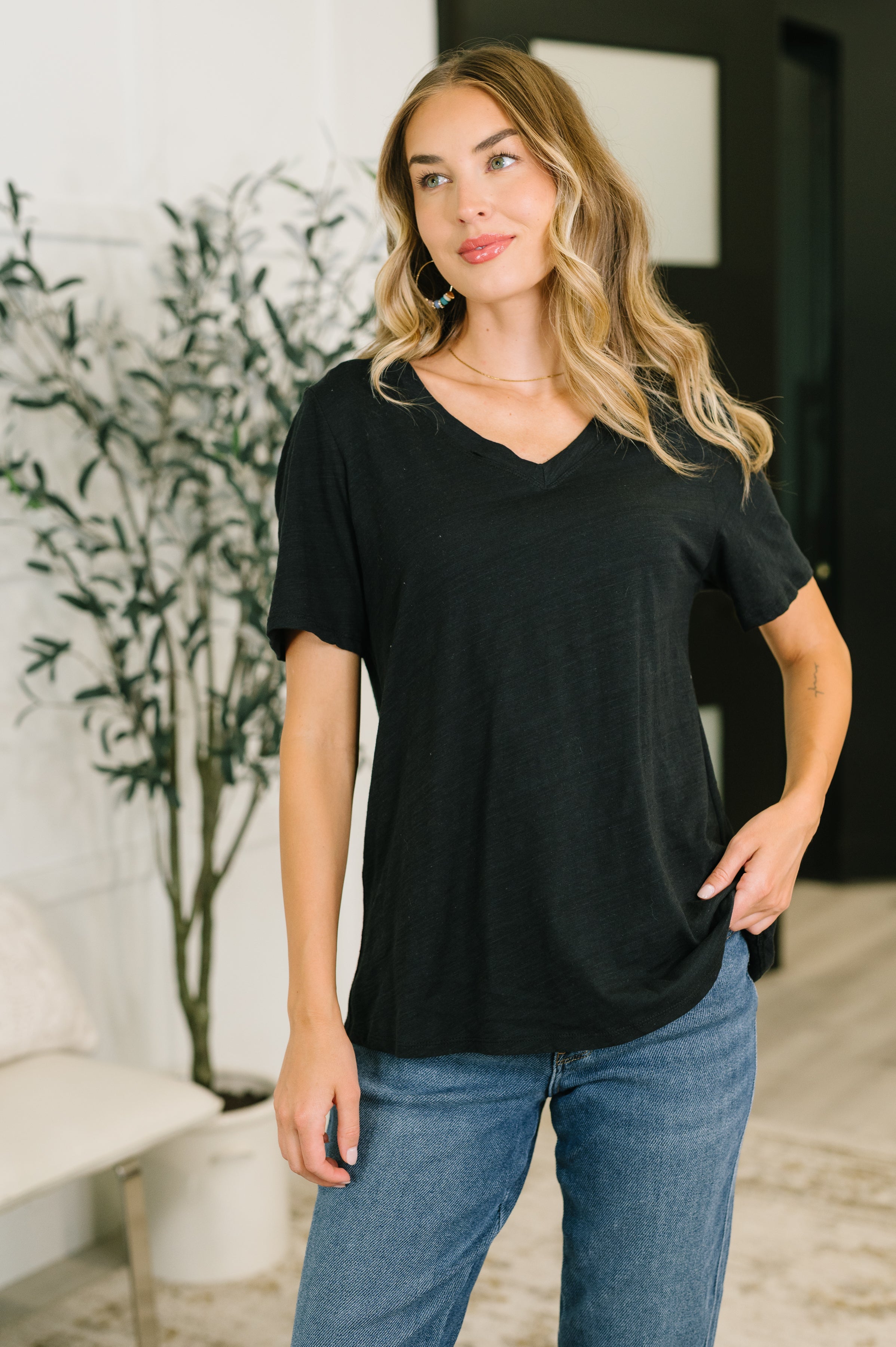 Black V-neck tee, women's cotton t-shirt, relaxed fit tee, heathered knit top, sheer black shirt, casual women's basics, everyday essentials, 100% cotton v-neck.