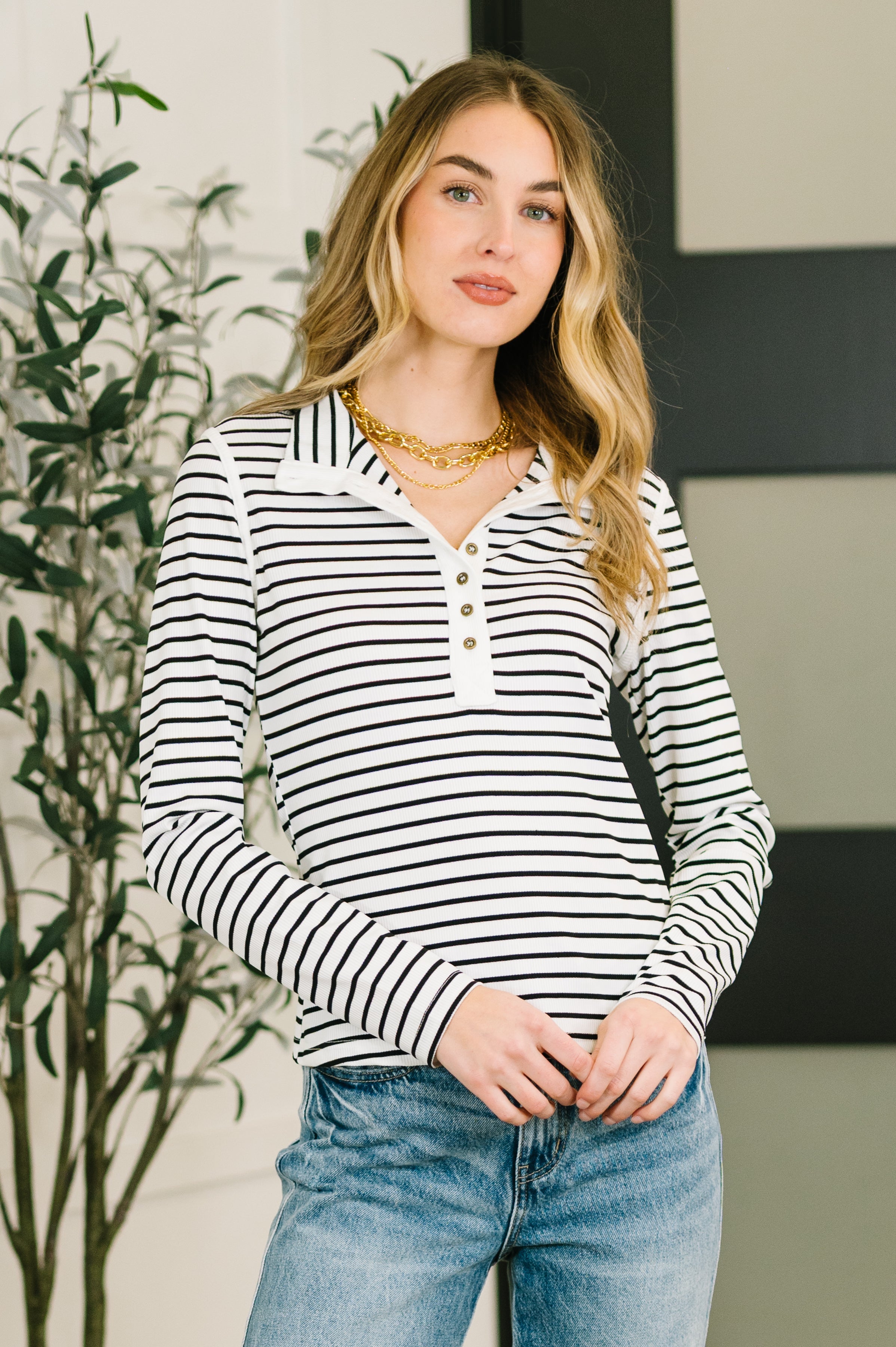 striped henley top, ribbed knit long sleeve, women's slim fit henley, button front shirt, high stretch top, casual chic apparel, long sleeve striped tee, form-fitting top.