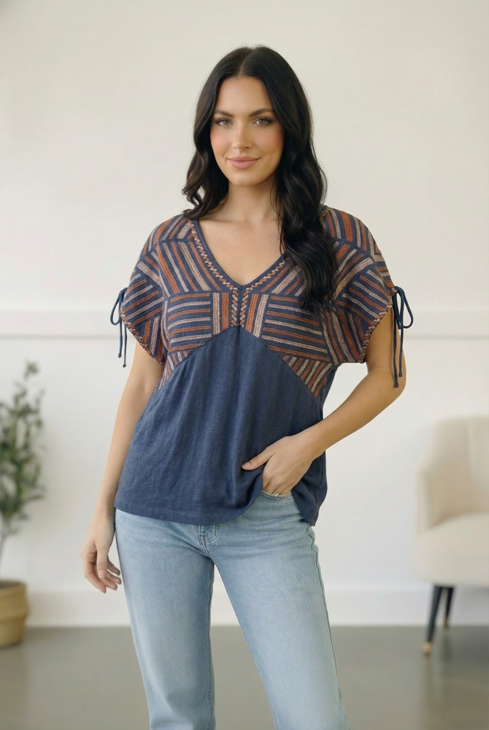 Navy Boho Top, Geometric Print Blouse, Southwestern Style Shirt, Women's V-Neck Top, Relaxed Fit Boutique Top, Midnight Mesa Top, Navy Blue Geometric Blouse, Adjustable Tie Sleeve Shirt, Handcrafted Look Apparel.