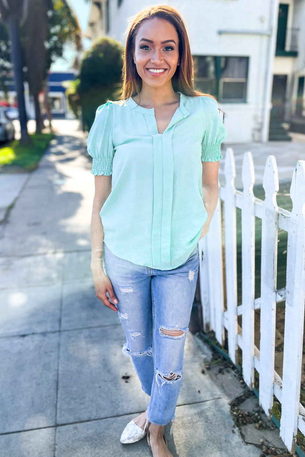Elegant You Notched Neck Smocked Short Sleeve Blouse