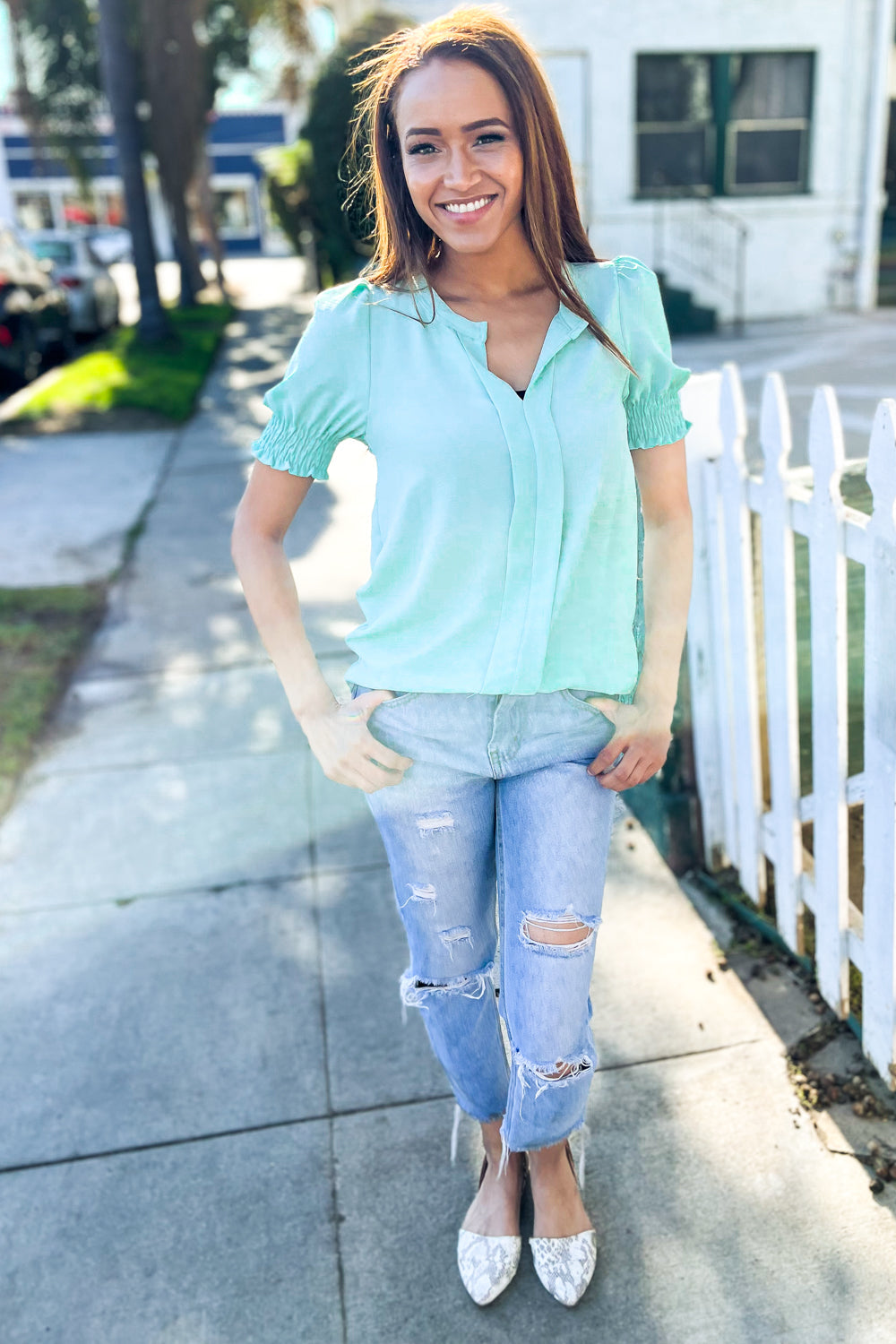 Elegant You Notched Neck Smocked Short Sleeve Blouse