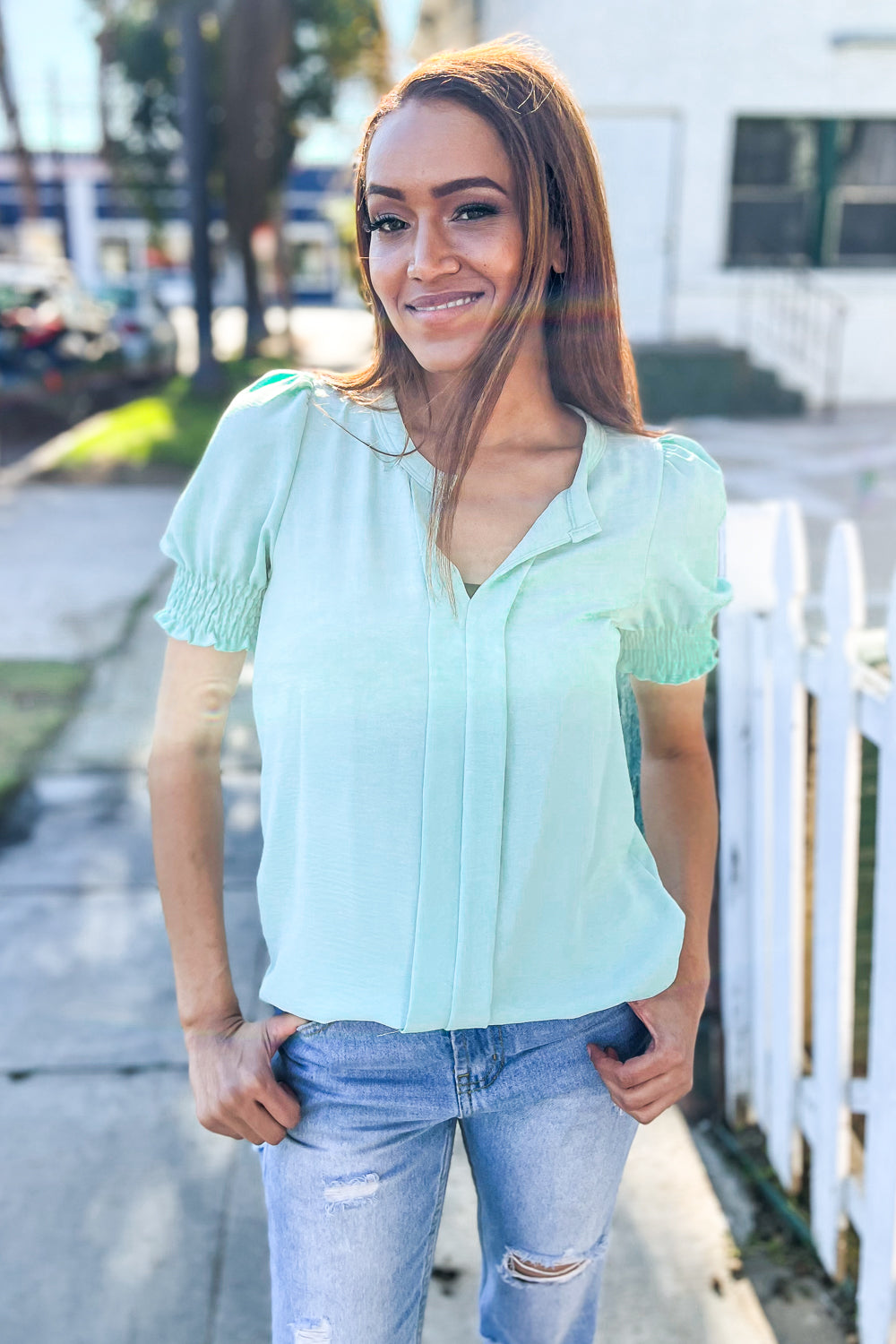 Elegant You Notched Neck Smocked Short Sleeve Blouse