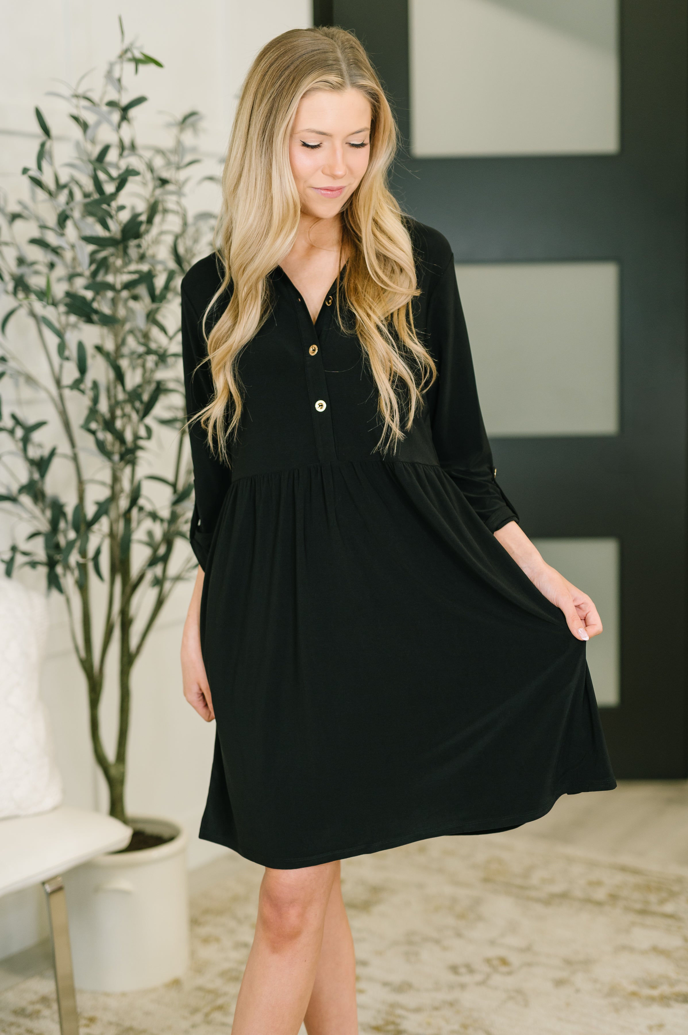 Black collared dress, women's dress with pockets, bulgari fabric clothing, professional stretch dress, black shirt dress gold buttons, office to weekend style, comfortable designer-inspired dress.