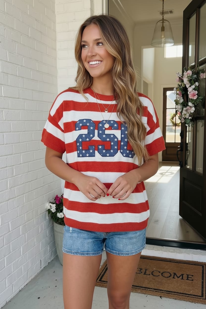 Patriotic sweater, 4th of July outfit, USA knit top, red white and blue shirt, 250th anniversary apparel, cotton summer sweater, American flag clothing, boxy knit top.