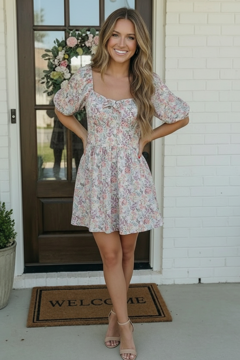 Floral mini dress, puff sleeve dress, cotton summer dress, smocked bodice dress, garden party attire, romantic floral dress, sweetheart neckline dress, brunch outfit ideas.