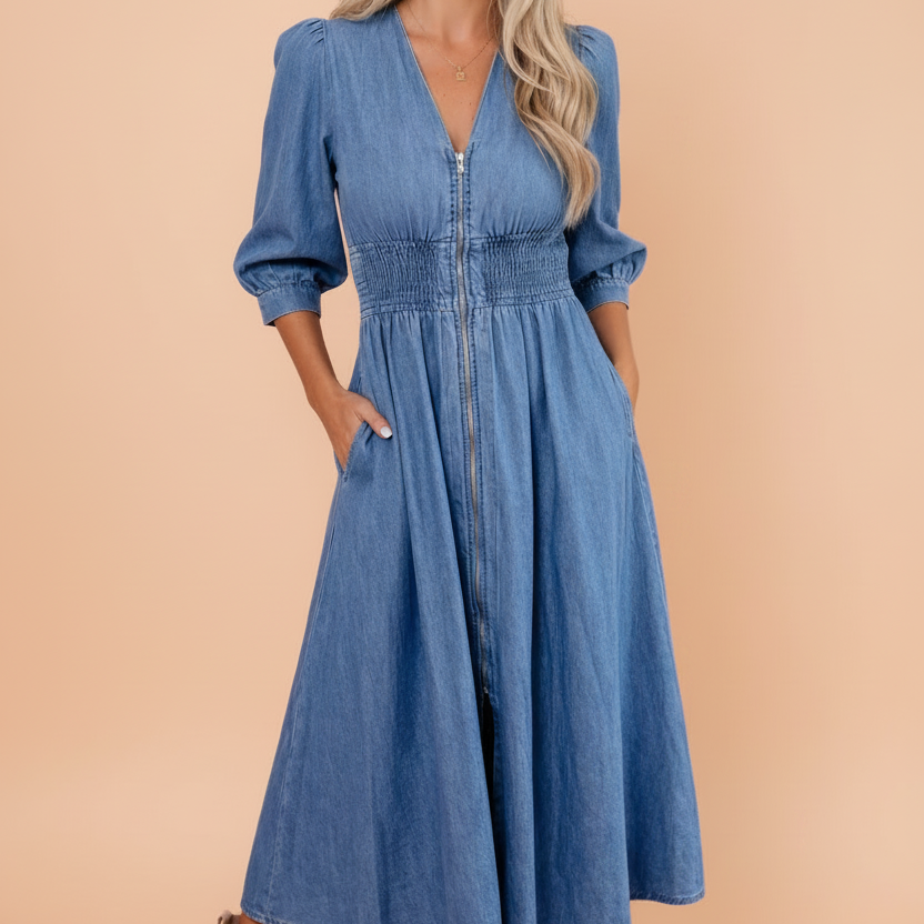 denim midi dress, smocked waist dress, zip front denim dress, puff sleeve denim dress, 100% cotton dress, boutique denim dress, V-neck midi dress