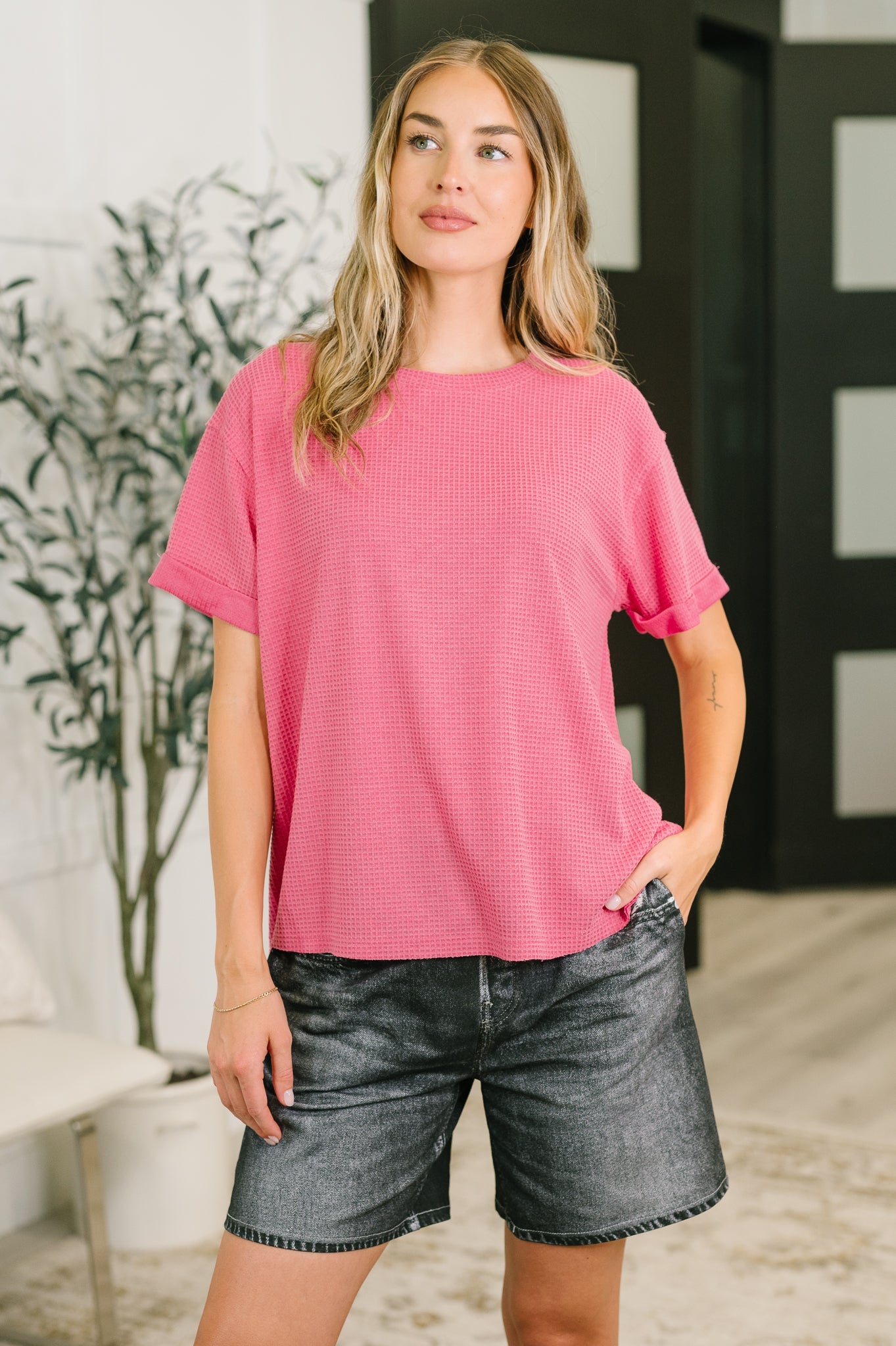 Waffle knit tee, pink relaxed top, women's short sleeve shirt, oversized waffle knit, casual pink tee, drop shoulder top, vintage style shirt, comfortable stretch tee, pink loungewear top.