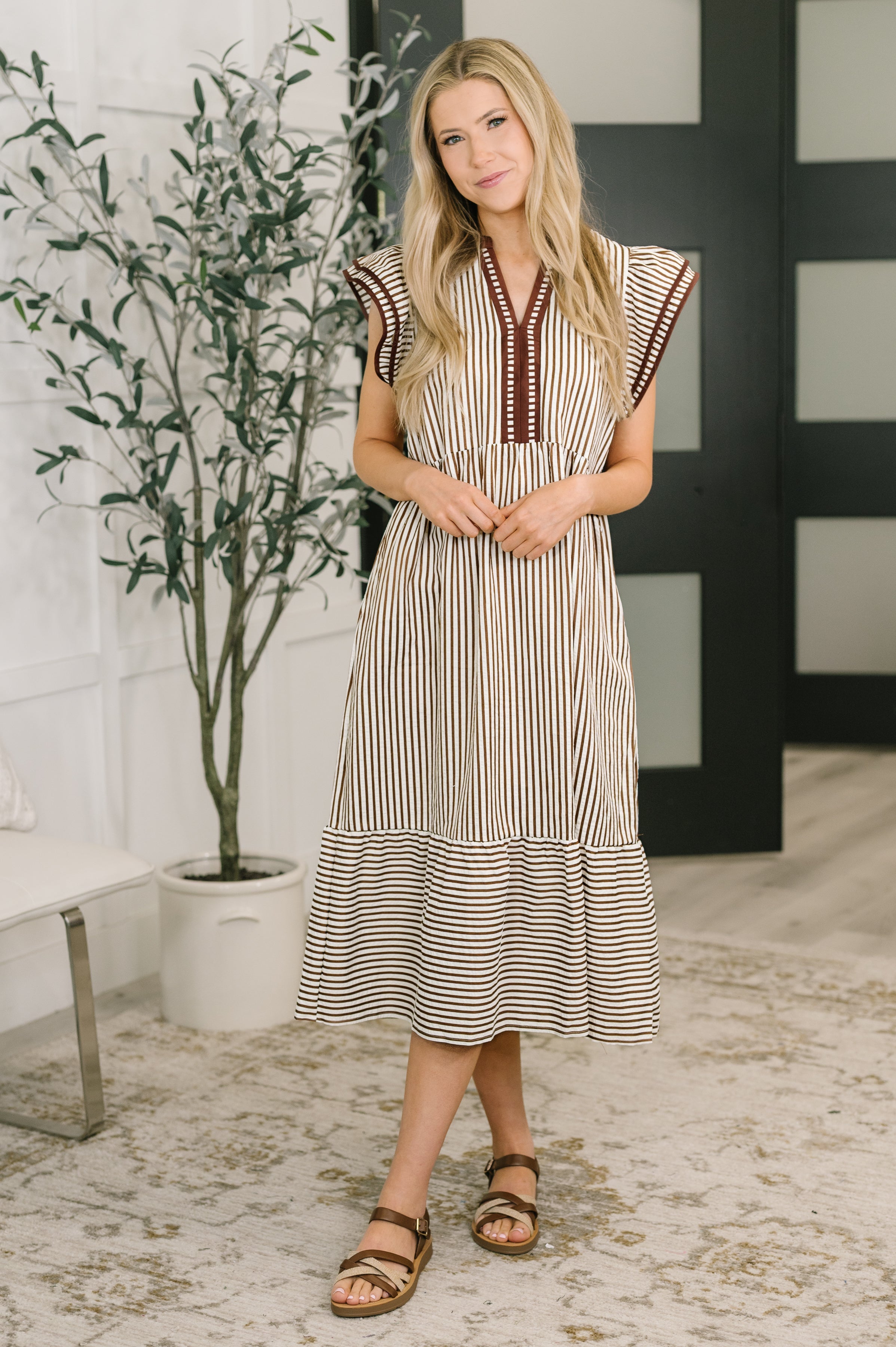 Tiered midi dress, flutter sleeve dress, dress with pockets, v-neck casual dress, crinkle woven dress, boho striped dress, feminine day dress, spring midi dress, women's fashion dress.