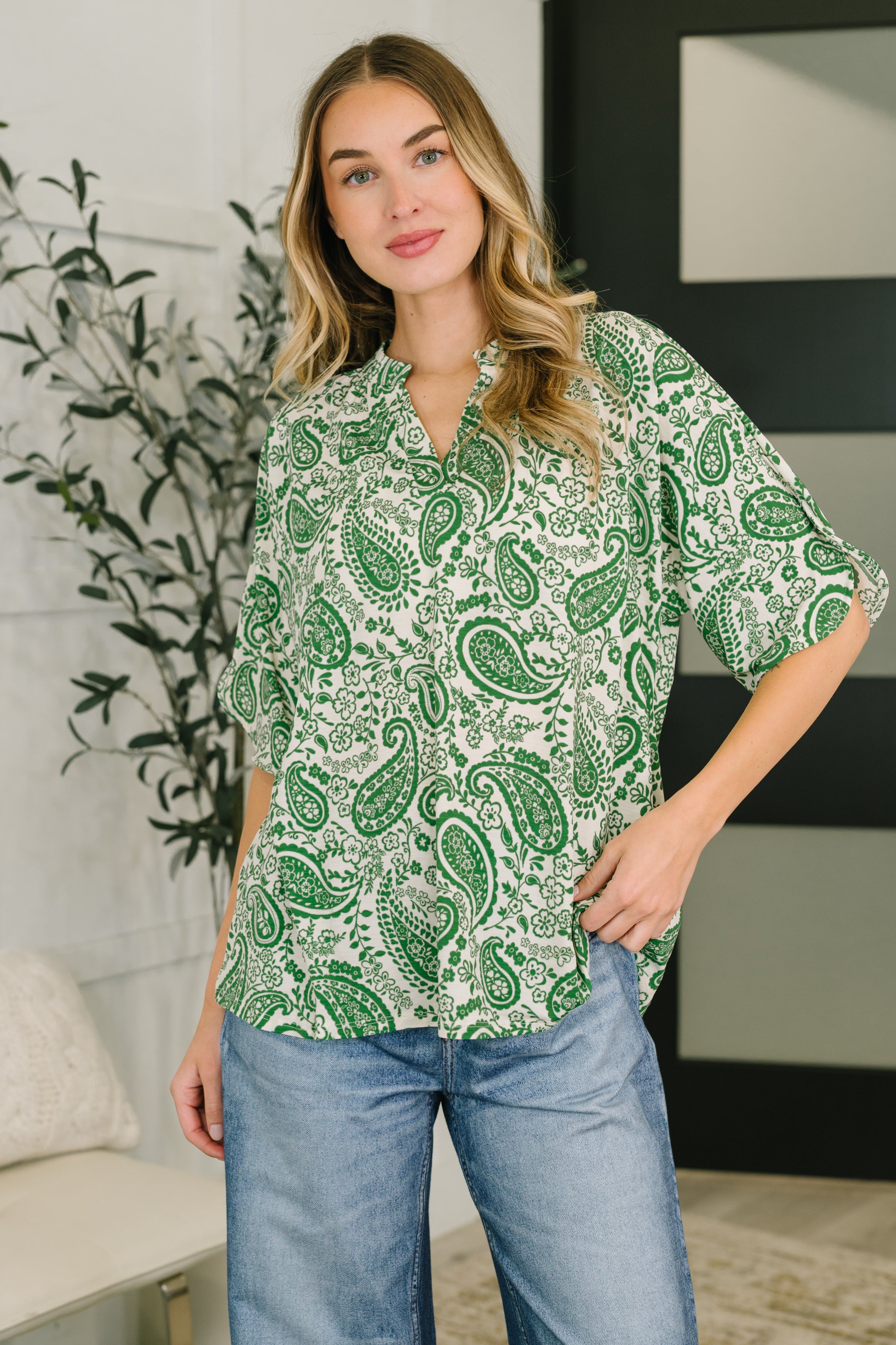 Green paisley top, dolman sleeve blouse, Bulgari fabric clothing, women's loose fit top, boho paisley shirt, comfortable dressy top, Lizzy Breeze top.