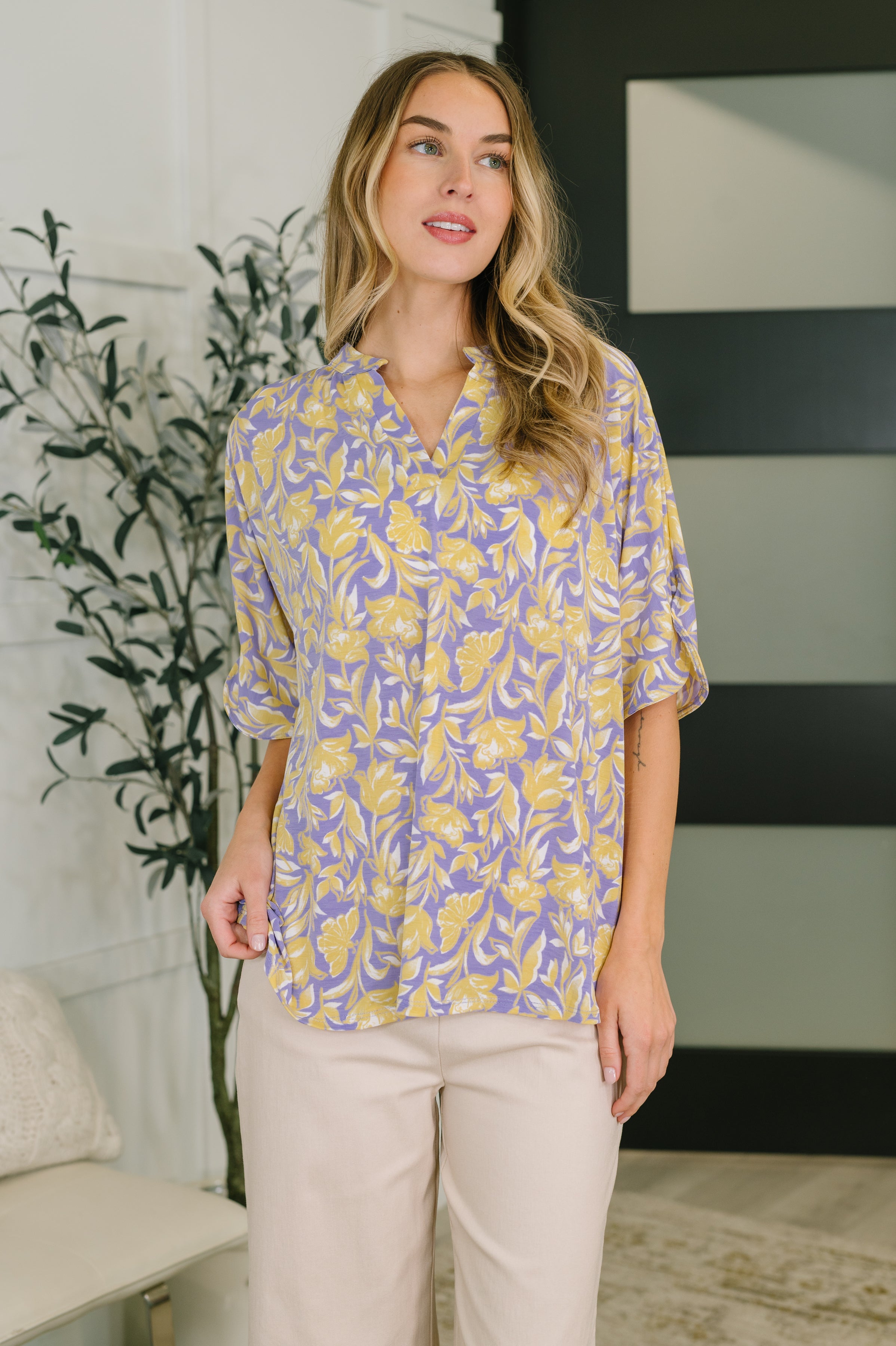 Lizzy Breeze Top, purple floral blouse, yellow floral top, women’s dolman sleeve top, high stretch floral shirt, loose fit blouse, Bulgari fabric top, spring floral fashion, breathable women's tops.