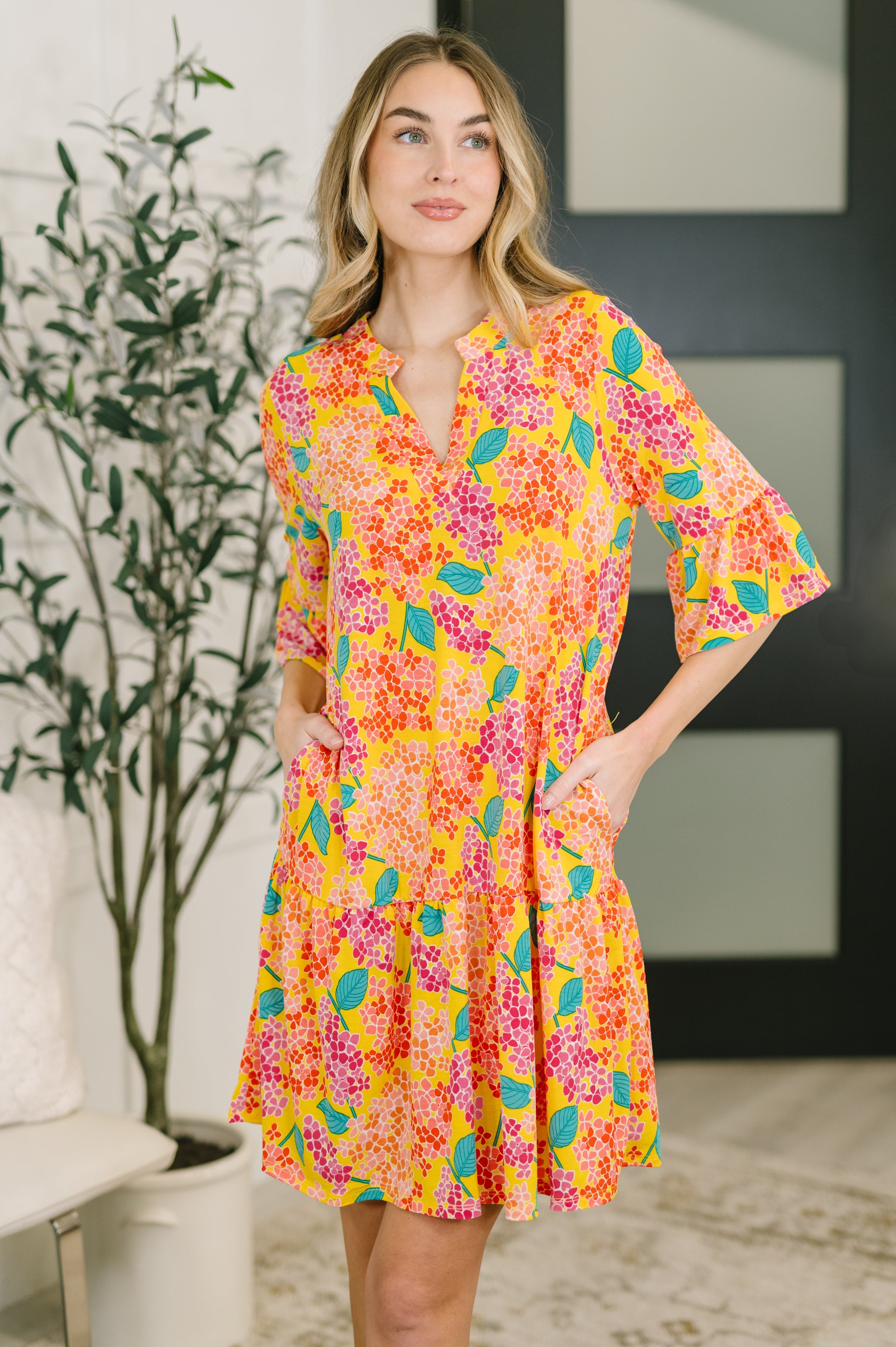 Floral Dress, Tiered Dress, Wrinkle Resistant Clothing, Bulgari Fabric, Women's V-Neck Dress, Summer Floral Fashion, Dress with Pockets, Ruffle Sleeve Dress