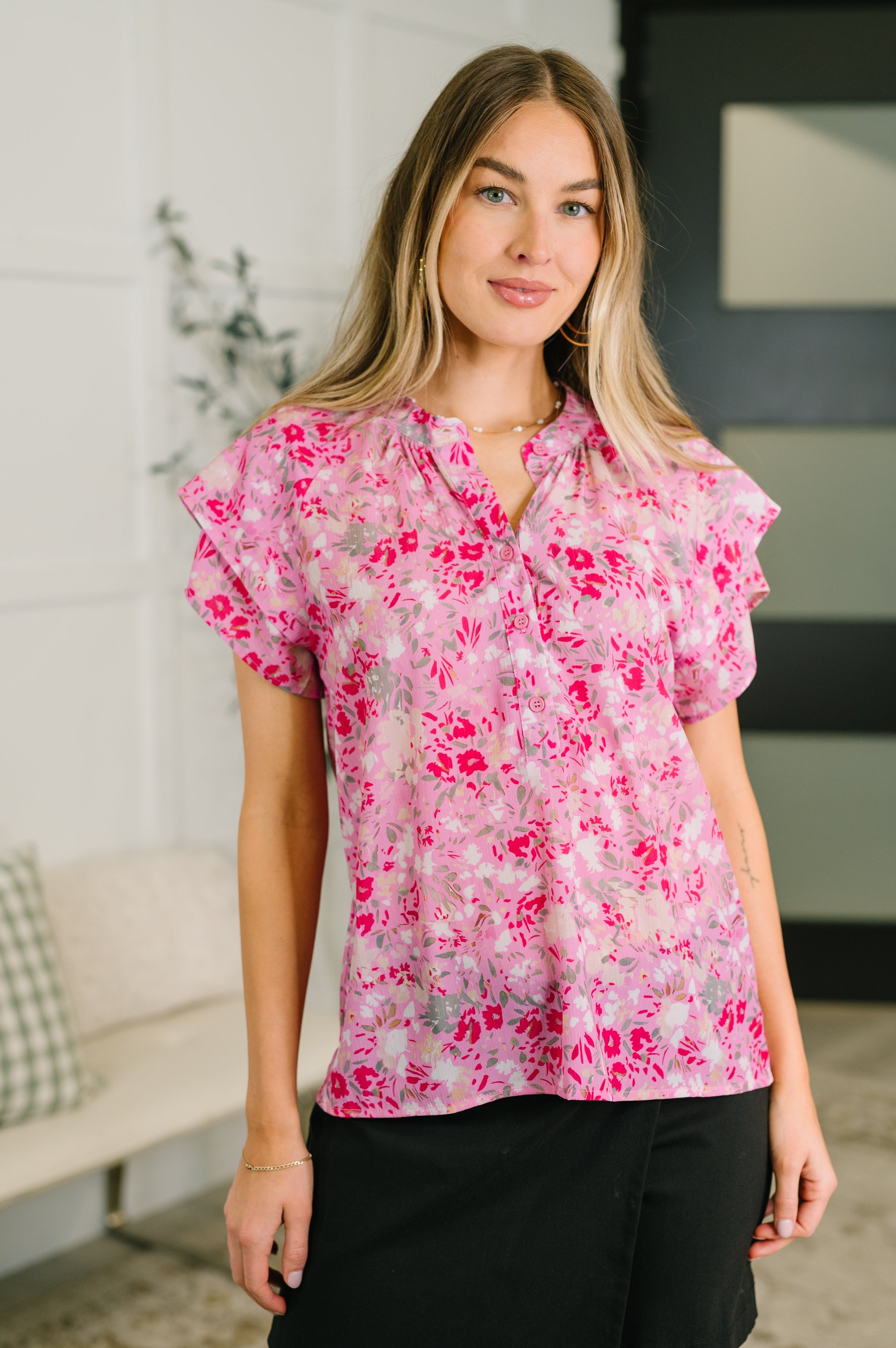 Pink floral blouse, crinkle woven top, layered raglan sleeve, women's dressy tops, floral button-up, office to weekend style, pink spring blouse, structured floral shirt.