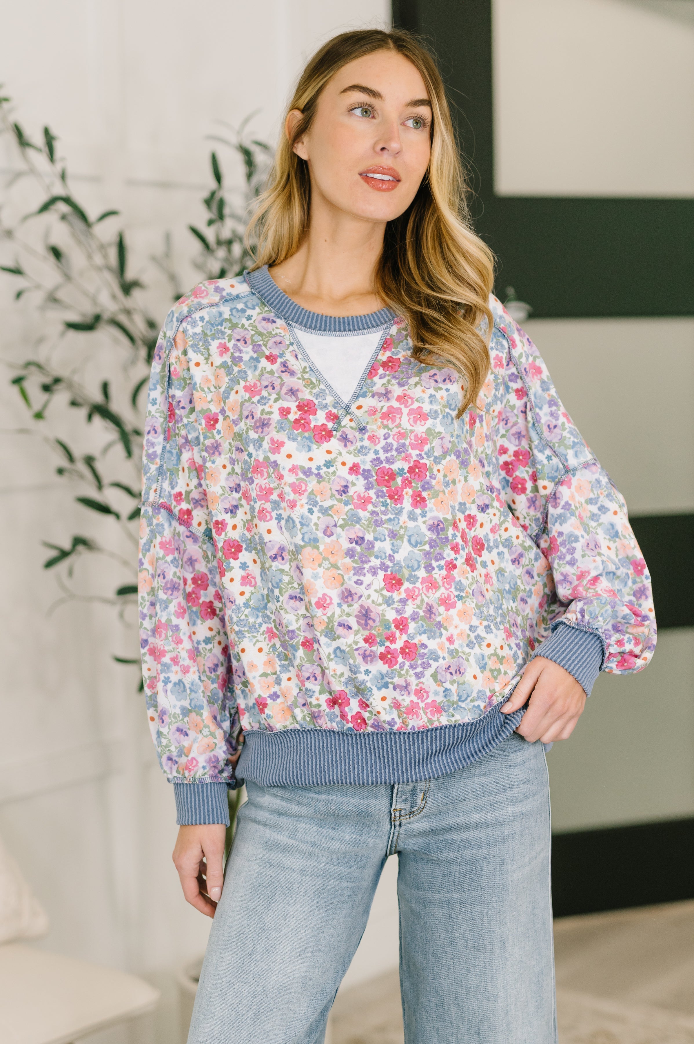 floral pullover, women's floral sweatshirt, French terry top, drop shoulder pullover, cable knit trim, casual floral top, high stretch sweatshirt, boutique floral sweater