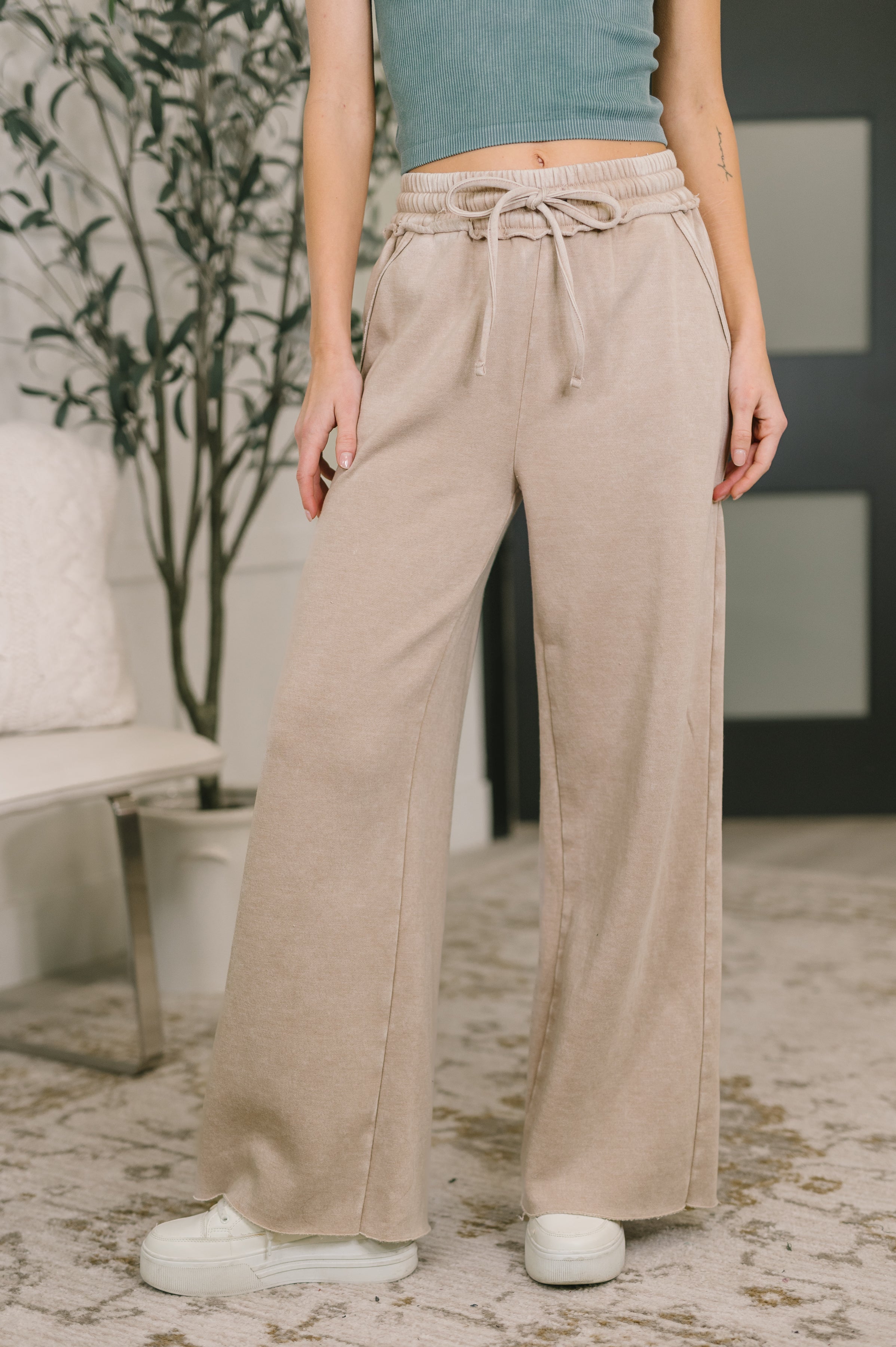 High waist palazzo sweats, wide leg sweatpants, mineral wash lounge pants, women's fleece joggers, ash mocha loungewear, boho wide leg sweats, cozy high-rise pants.