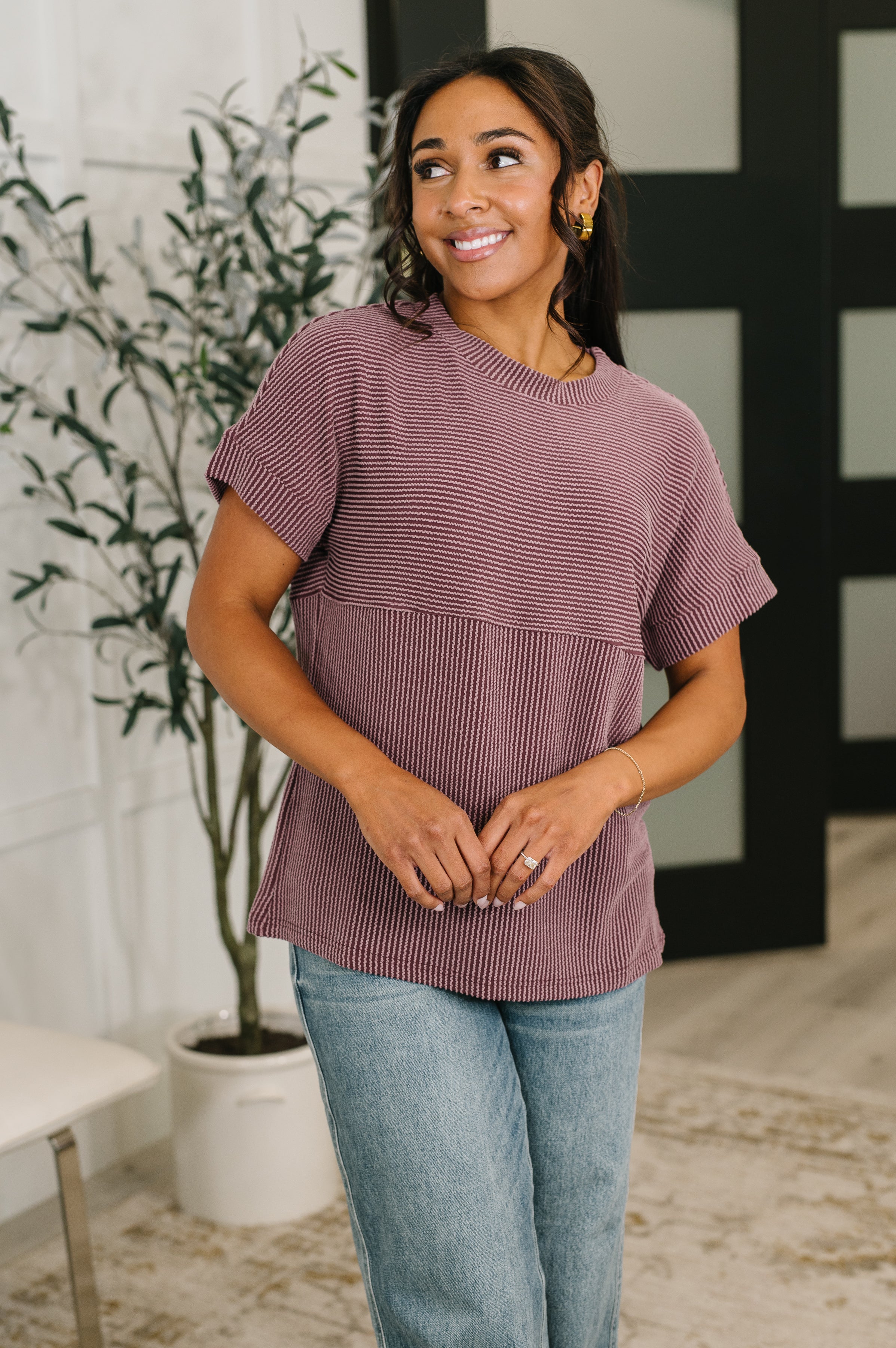 cable knit tee, ribbed knit top, mock neck short sleeve, women's textured shirt, flattering knit top, high stretch basic, versatile layering tee