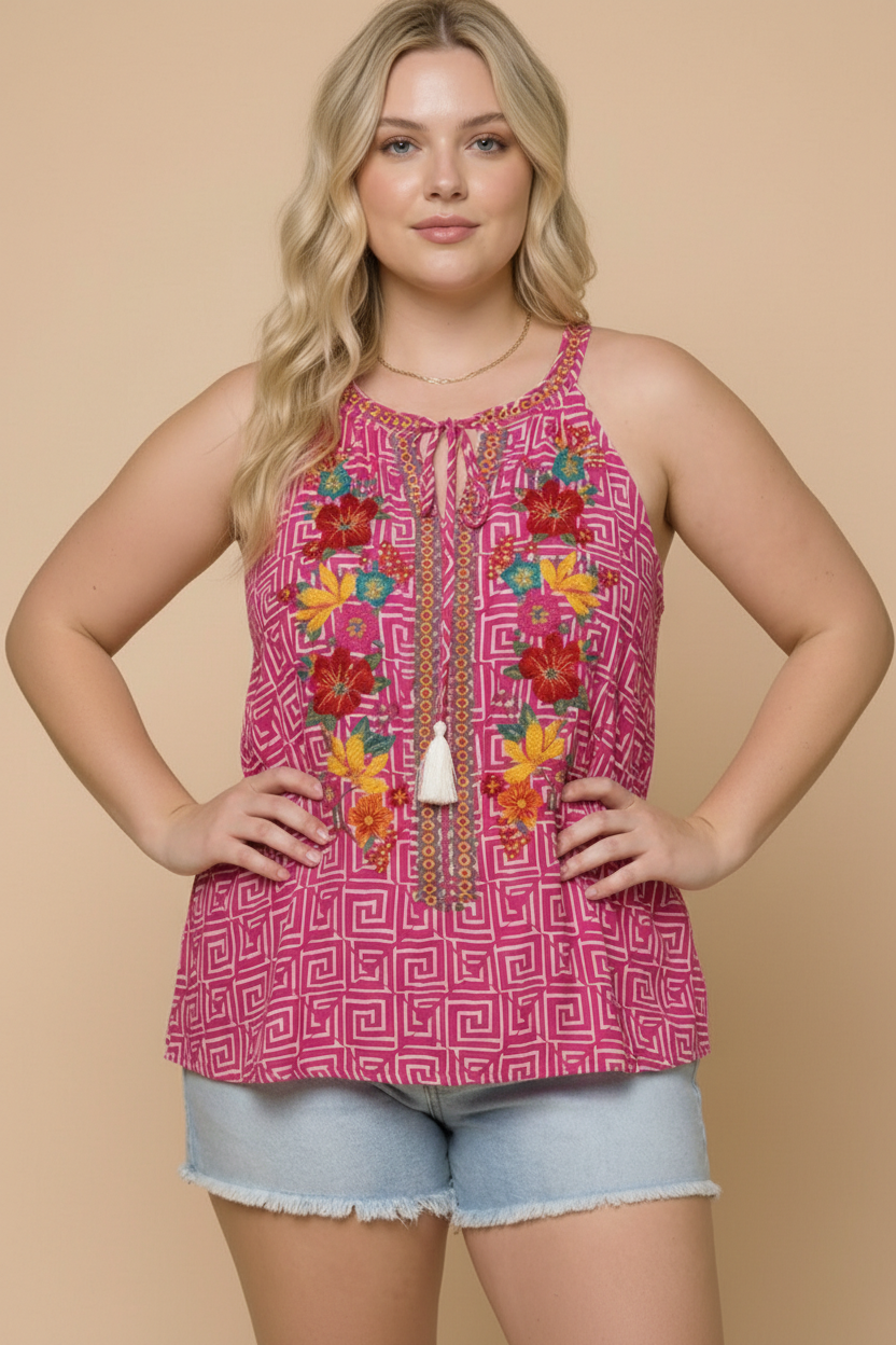 Fuchsia Halter Top, Boho Floral Embroidery, Greek Key Print Top, Summer Rayon Blouse, Festival Fashion, Women's Boho Clothing, Pink Embroidered Top, Tassel Halter Top, Lightweight Summer Top