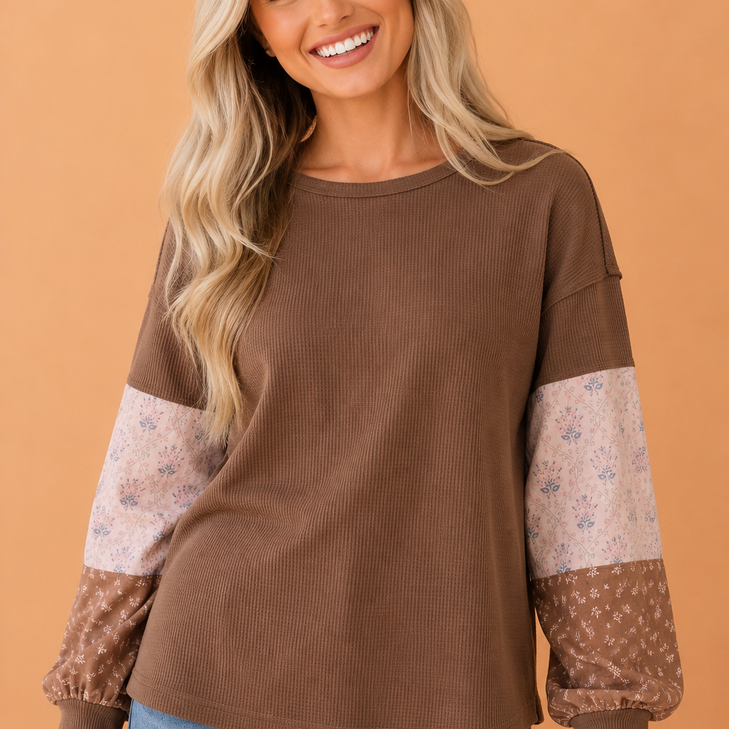 Waffle knit top, floral patchwork shirt, boho long sleeve, colorblock pullover, women’s transitional fashion, floral sleeve top, casual chic apparel, brown waffle knit.