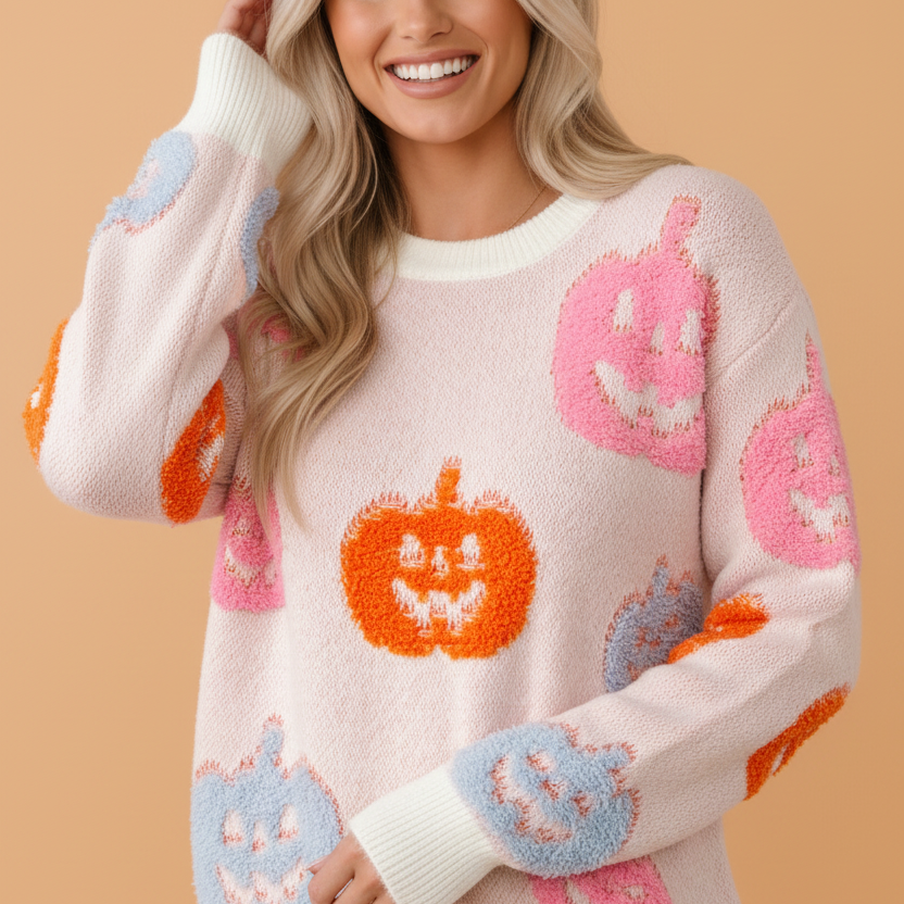 Halloween sweater, pastel pumpkin knit, jack-o-lantern crewneck, cozy fall fashion, women's holiday sweater, pink Halloween outfit, festive knitwear, pumpkin spice style.