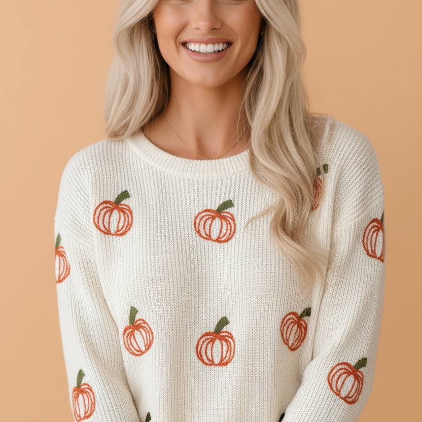 pumpkin sweater, embroidered holiday knit, women's fall sweater, Thanksgiving outfit, Halloween ribbed sweater, festive knitwear, autumn fashion, cozy white sweater
