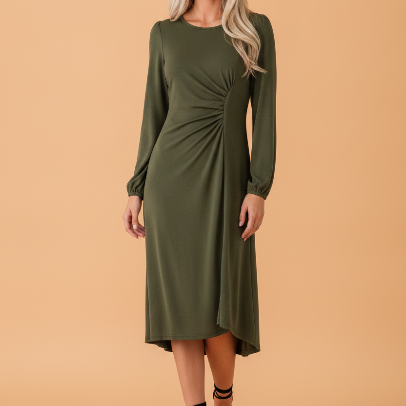 Ruched midi dress, puff sleeve dress, long sleeve midi, elegant cocktail dress, slimming waist dress, versatile day-to-night dress, stretch midi dress, formal brunch attire.