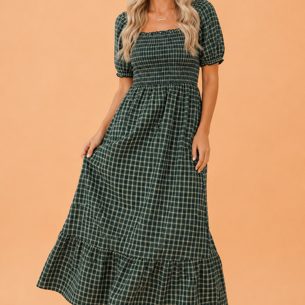 Plaid cotton dress, square neck midi, shirred bust dress, ruffle hem dress, cottagecore style, plaid dress with pockets, high waist midi dress, breathable cotton fashion.