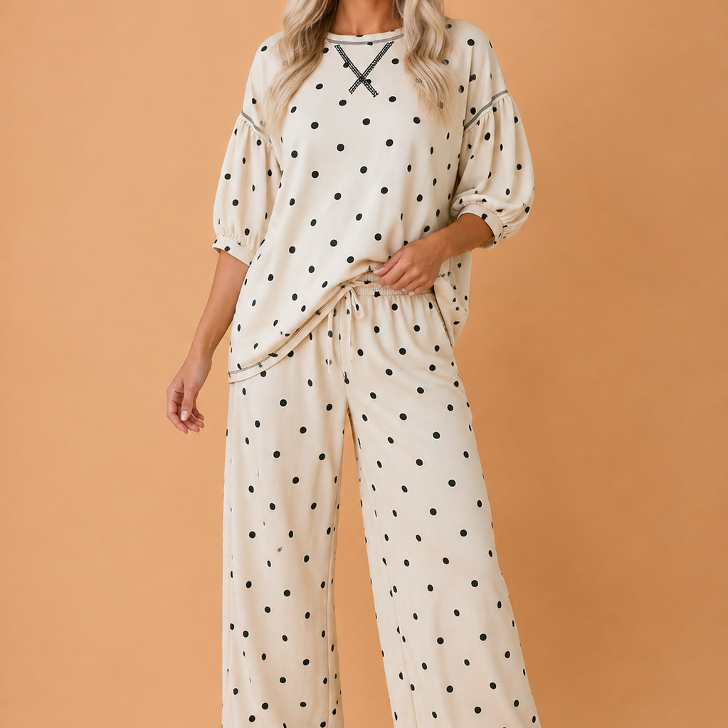 Chic Polka Dot Puff Sleeve Two-Piece Pant Set