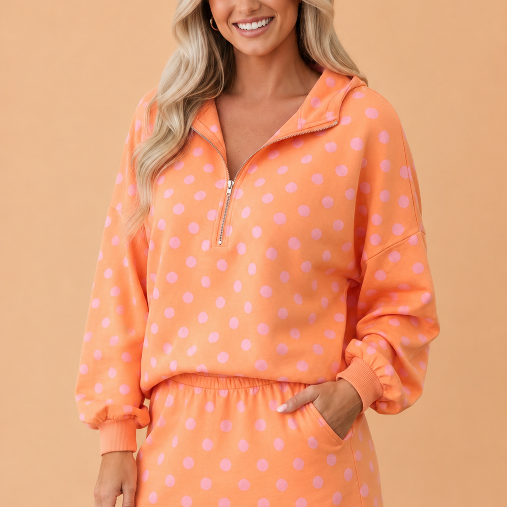 Polka dot set, 2 piece skort set, women's half zip hoodie, peach loungewear, casual summer outfit, skirt with built-in shorts, boutique athleisure, coordinated sets.