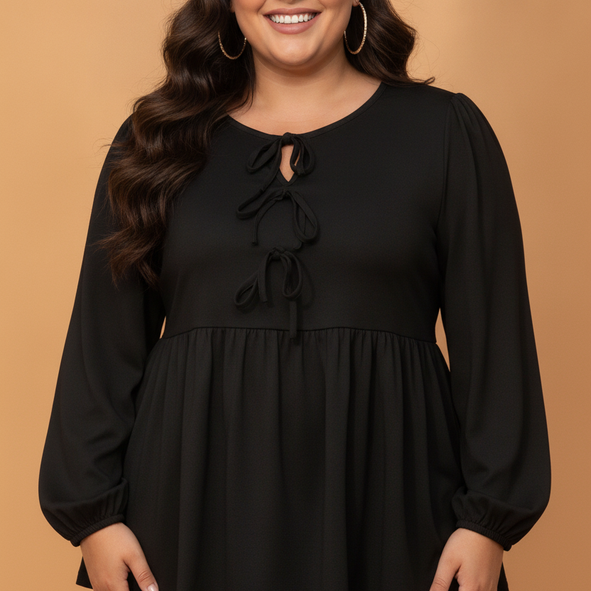 Plus size blouse, bow tie front top, puff sleeve peplum, elegant plus size fashion, women’s long sleeve blouse, curve-flattering tops, office to weekend wear.