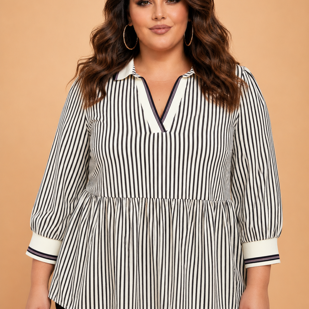 Plus size blouse, striped peplum top, flattering V-neck shirt, patchwork collar blouse, women’s plus size fashion, elegant casual top, slimming striped blouse.