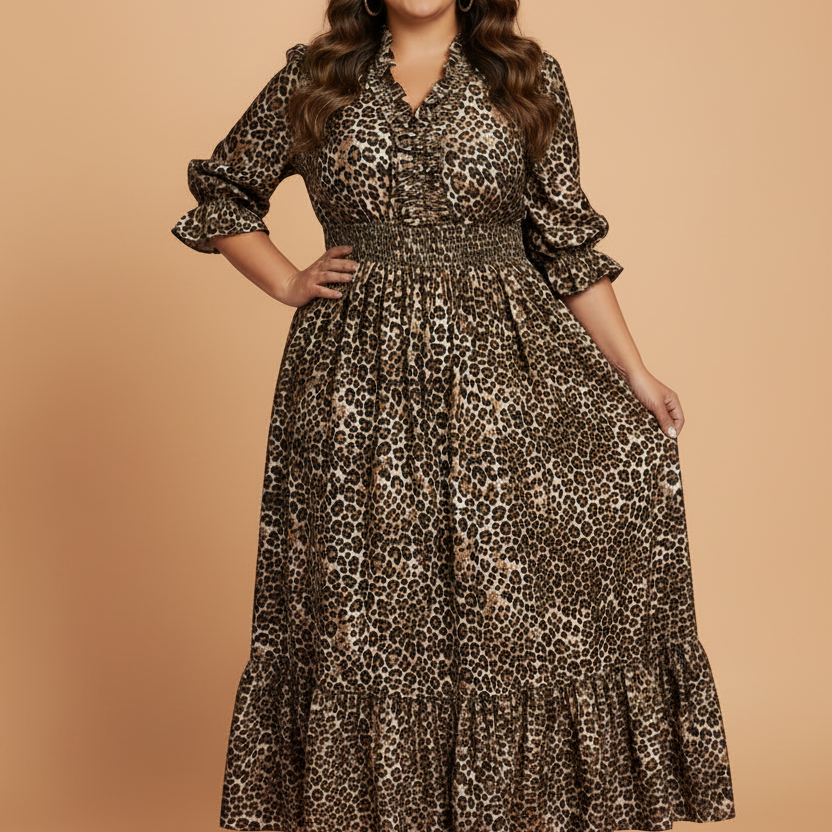 Plus size leopard dress, animal print maxi dress, smocked waist dress, plus size boutique clothing, flattering plus size fashion, ruffle sleeve maxi, 100% viscose dress.