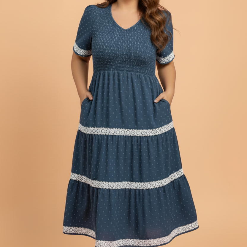 Plus size midi dress, Swiss dot dress, smocked bodice dress, lace trim tiered dress, boho plus size fashion, flattering flared dress, midi dress with pockets.