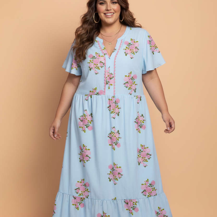 luxury plus size dress, designer floral maxi, scalloped trim gown, premium summer resort wear, high-end garden party dress, cotton viscose luxury dress, exclusive plus size fashion