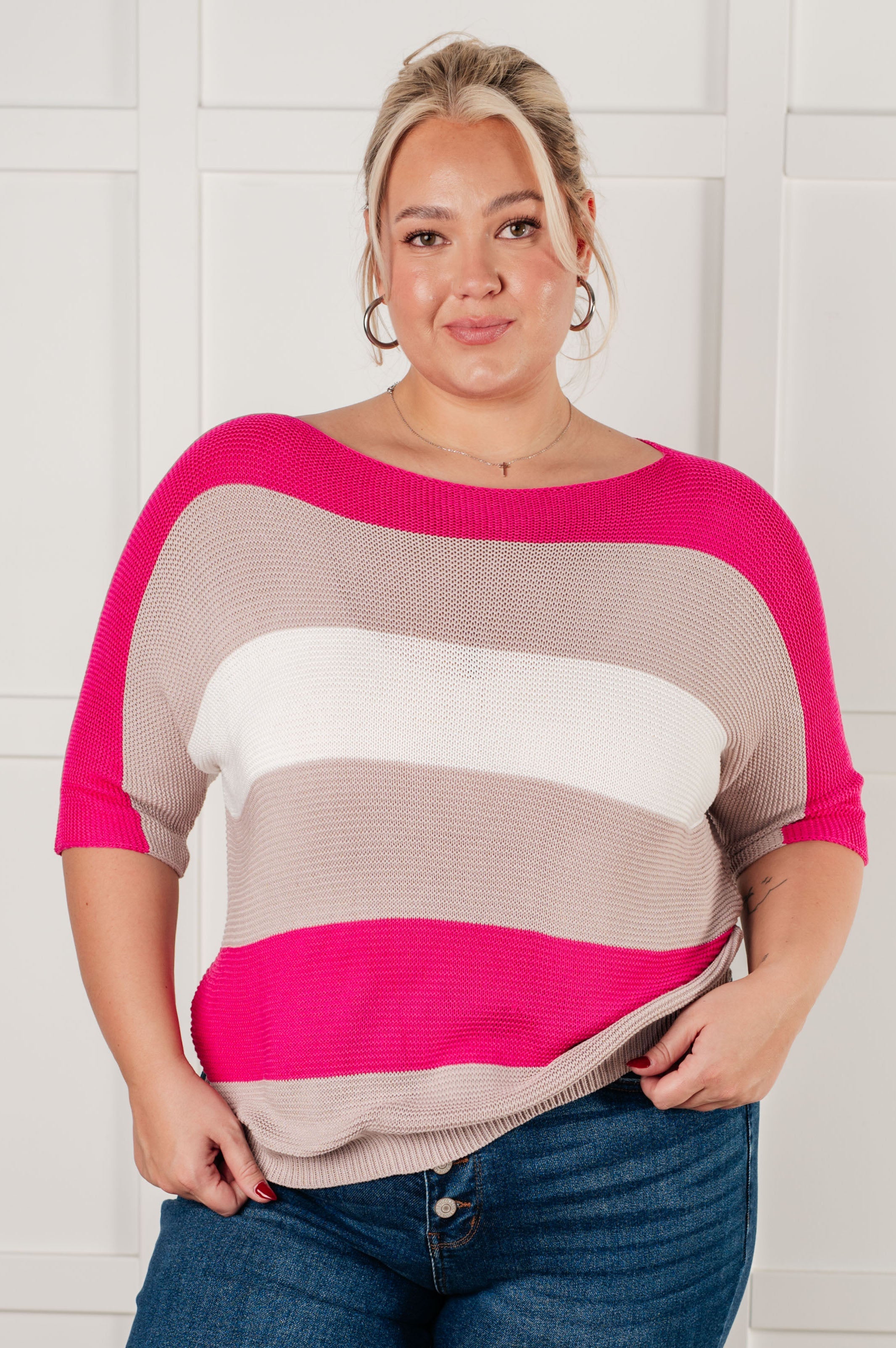 short sleeve sweater, boat neck knit top, striped dolman top, pink striped sweater, women's knit tops, 100% viscose top, spring sweater, Rows of Rose knit, oversized hem sweater