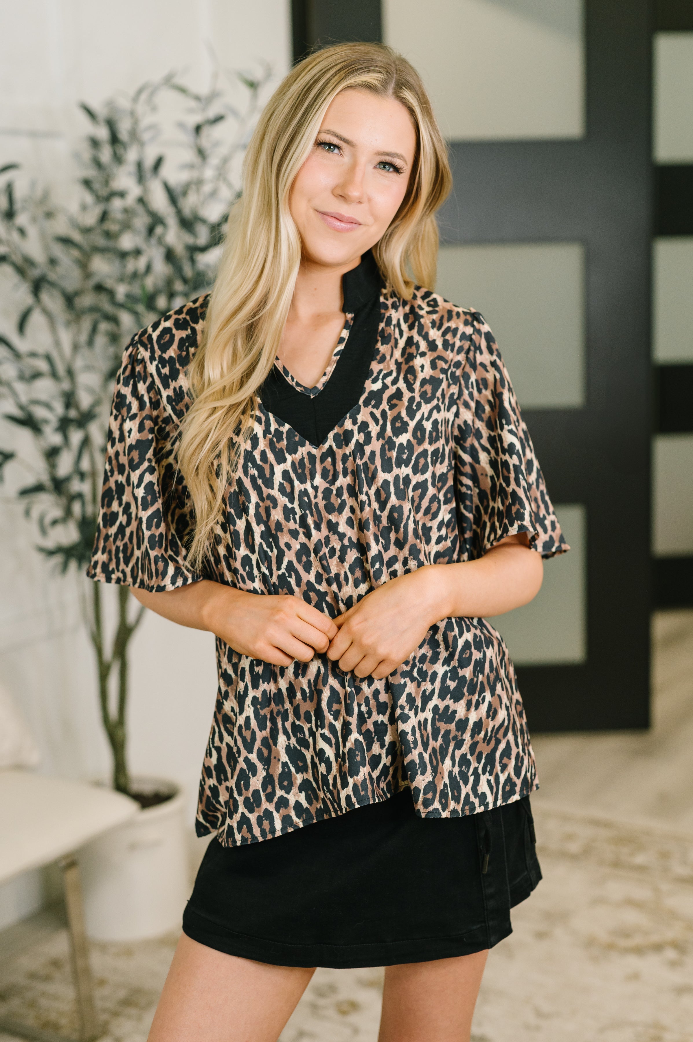 leopard print blouse, animal print top, split neck blouse, bell sleeve top, women's poplin blouse, office-ready fashion, chic animal print, A-line blouse, boutique leopard shirt