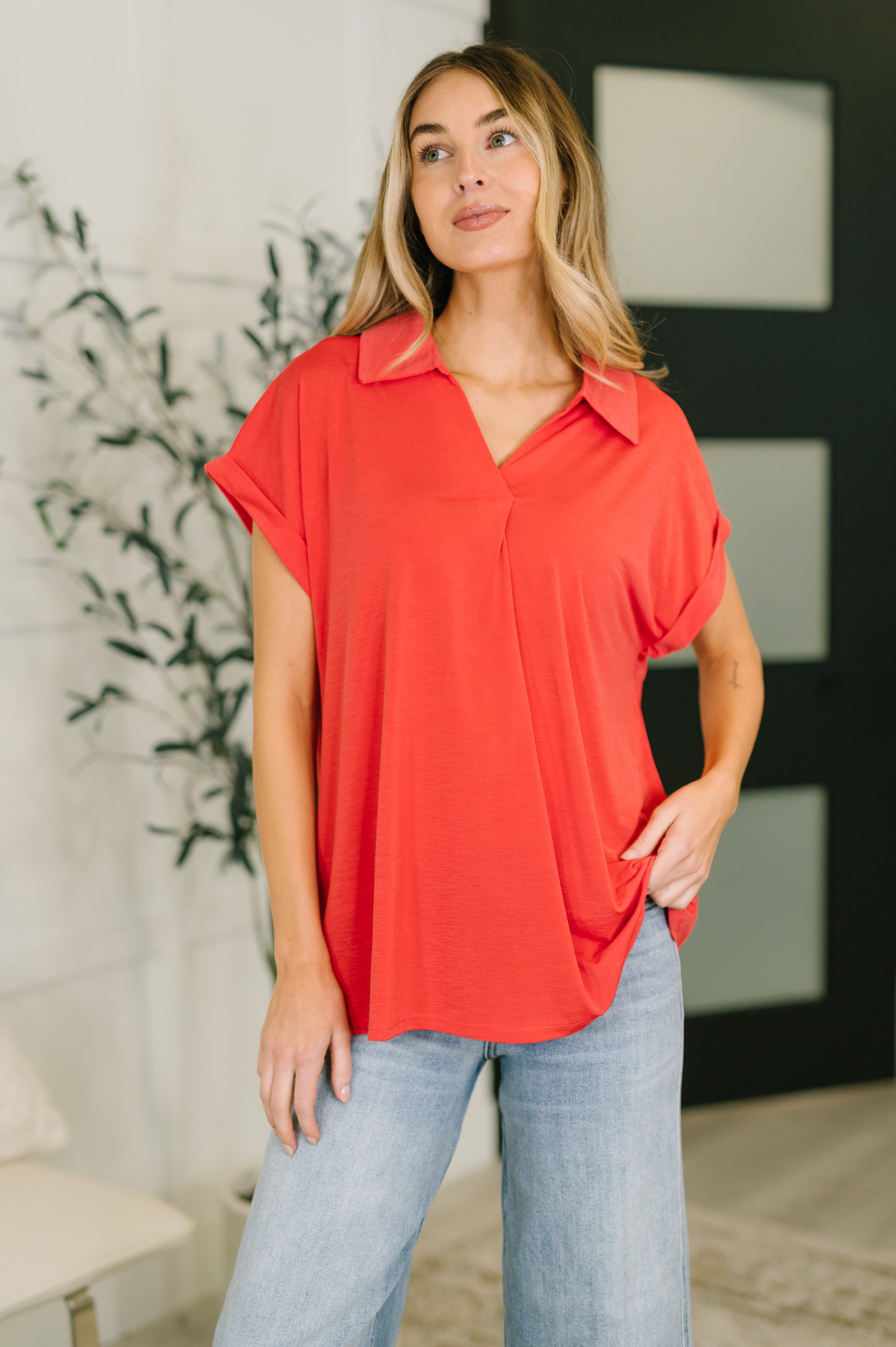 Hot coral top, collared V-neck blouse, wrinkle-resistant women's top, Bulgari fabric shirt, dolman sleeve top, cooling work wear, summer coral blouse, travel-friendly top.
