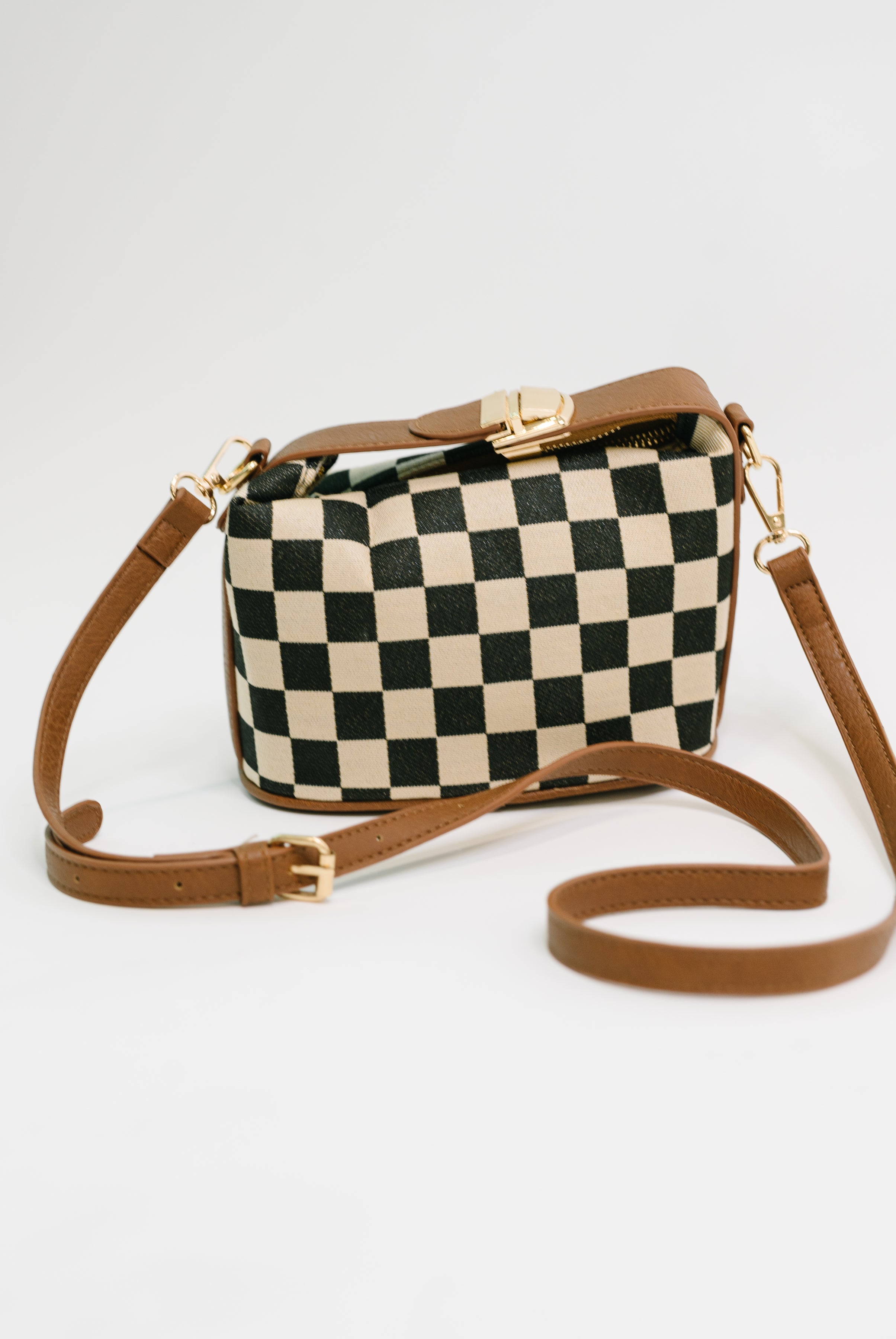 Checkered crossbody bag, canvas handbag, PU leather trim, women's designer shoulder bag, retro checkers purse, small messenger bag, gold hardware bag, chic everyday purse.