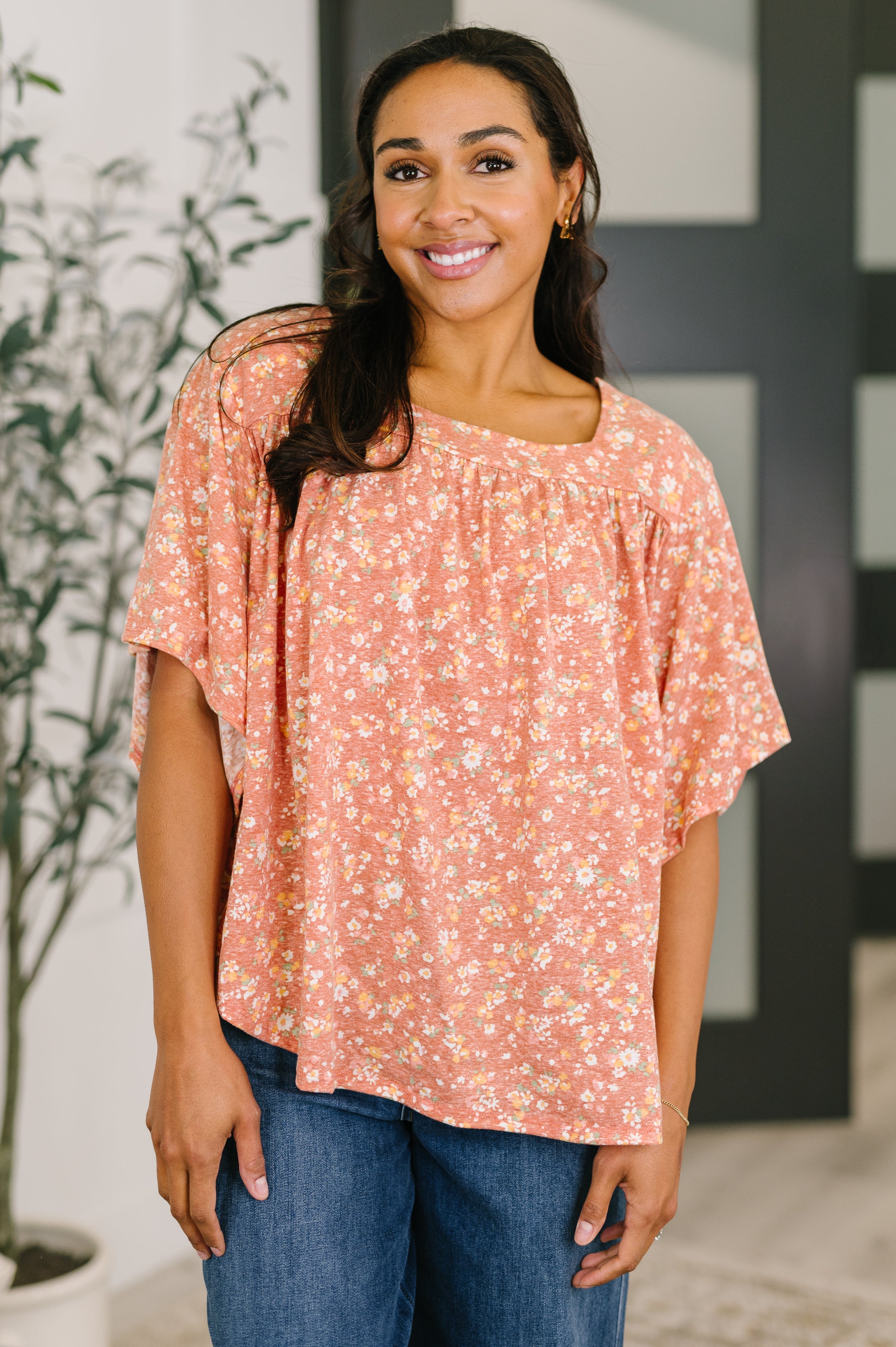 Dusty rose floral top, square neck blouse, bell sleeve jersey shirt, boho boxy fit top, adjustable back tie blouse, spring women's fashion, comfortable stretch top.