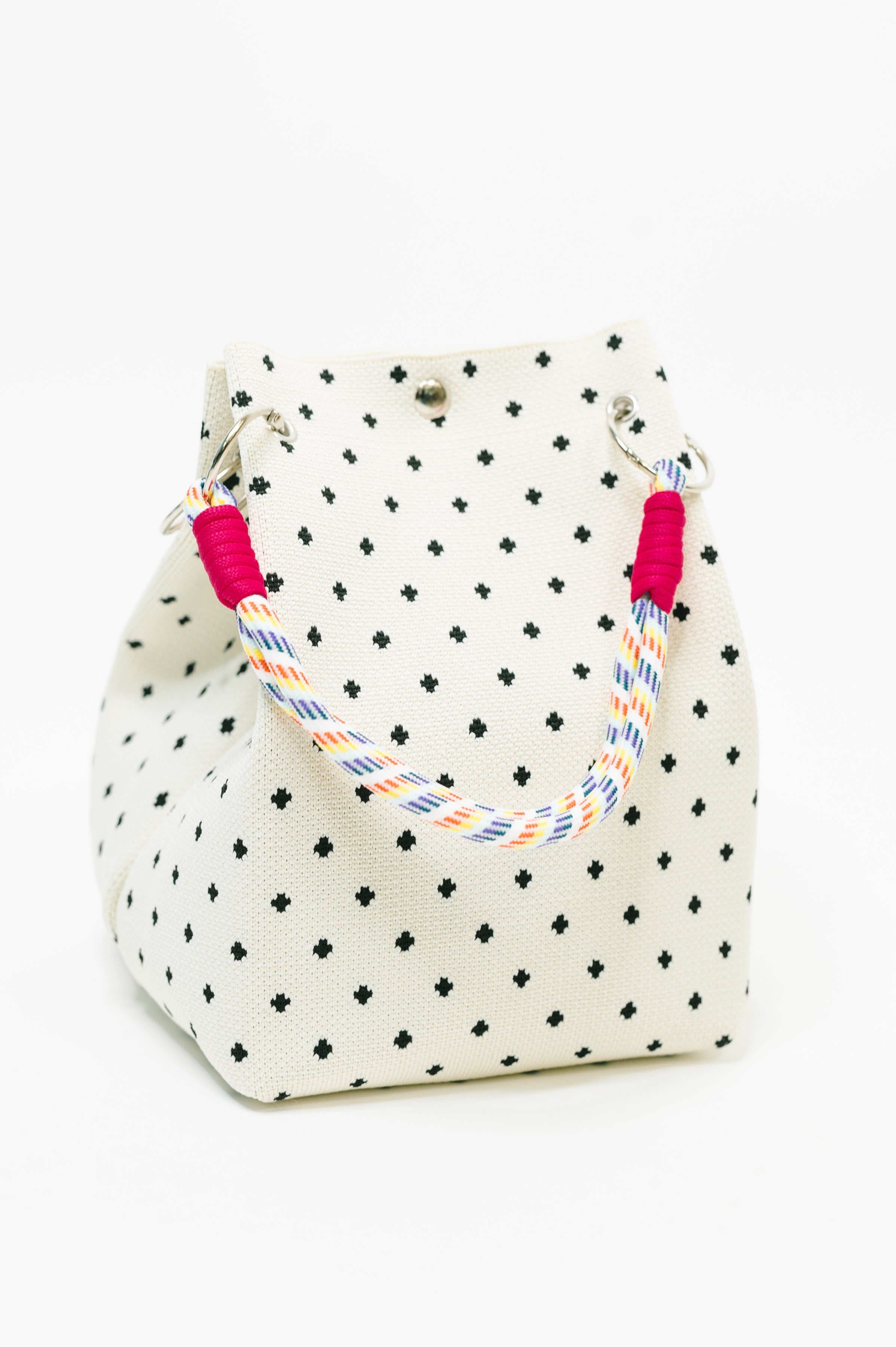 Polka dot bag, textured knit handbag, stretch fabric tote, unique designer purse, statement shoulder bag, white knit handbag, trendy polka dot accessory.